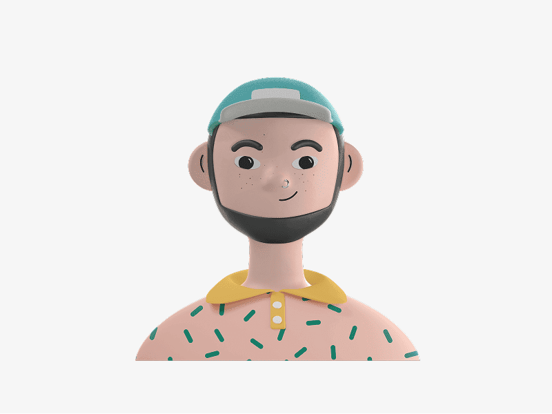 3D avatar wearing a backward cap and short beard