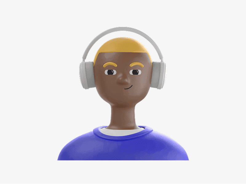 3D avatar wearing headphones and a blue shirt