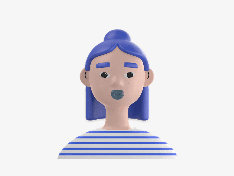 3D female avatar with blue hair wearing a striped shirt