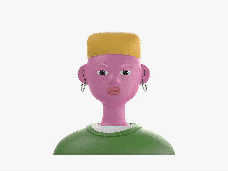 3D male avatar with yellow hair wearing a green shirt