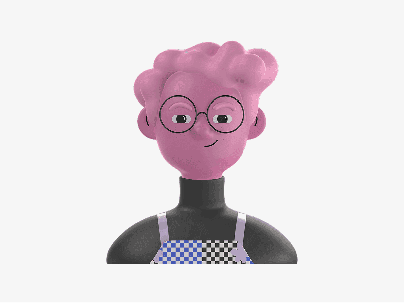 3D female avatar with pink curly hair and round glasses