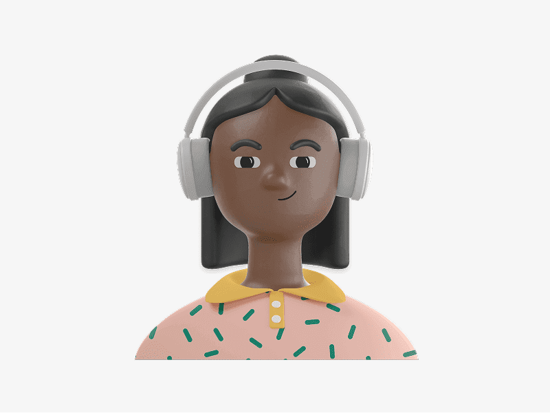 3D female avatar wearing headphones and a patterned shirt