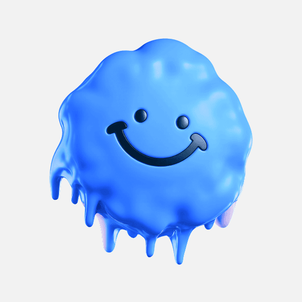 3D glossy blue blob abstract shape with smiling face
