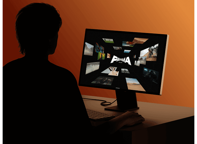 Panorama Framer portfolio template on a monitor with a person silhouetted at the desk, a curved grid of film thumbnails, a dark template for filmmaker portfolios
