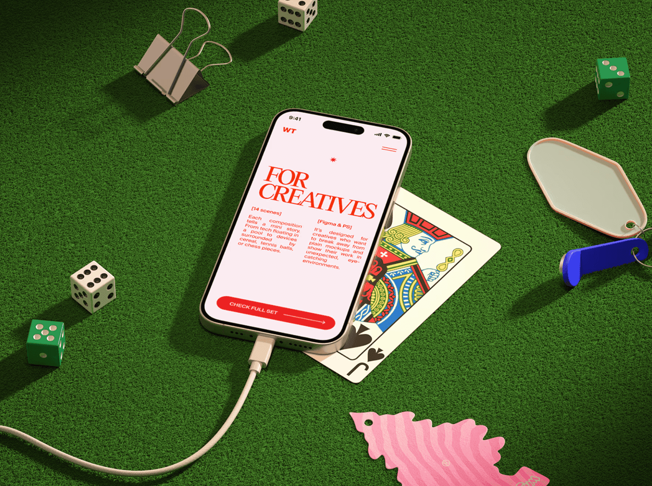 iPhone mockup on green table with playing cards, dice and creative objects, by Wannathis