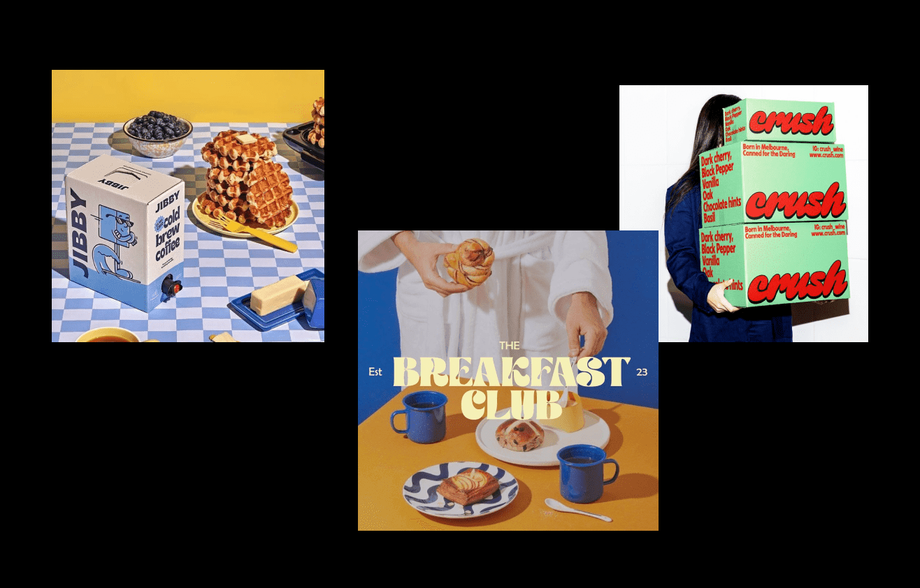 Playful commercial design with colorful packaging, bold layouts and expressive branding visuals