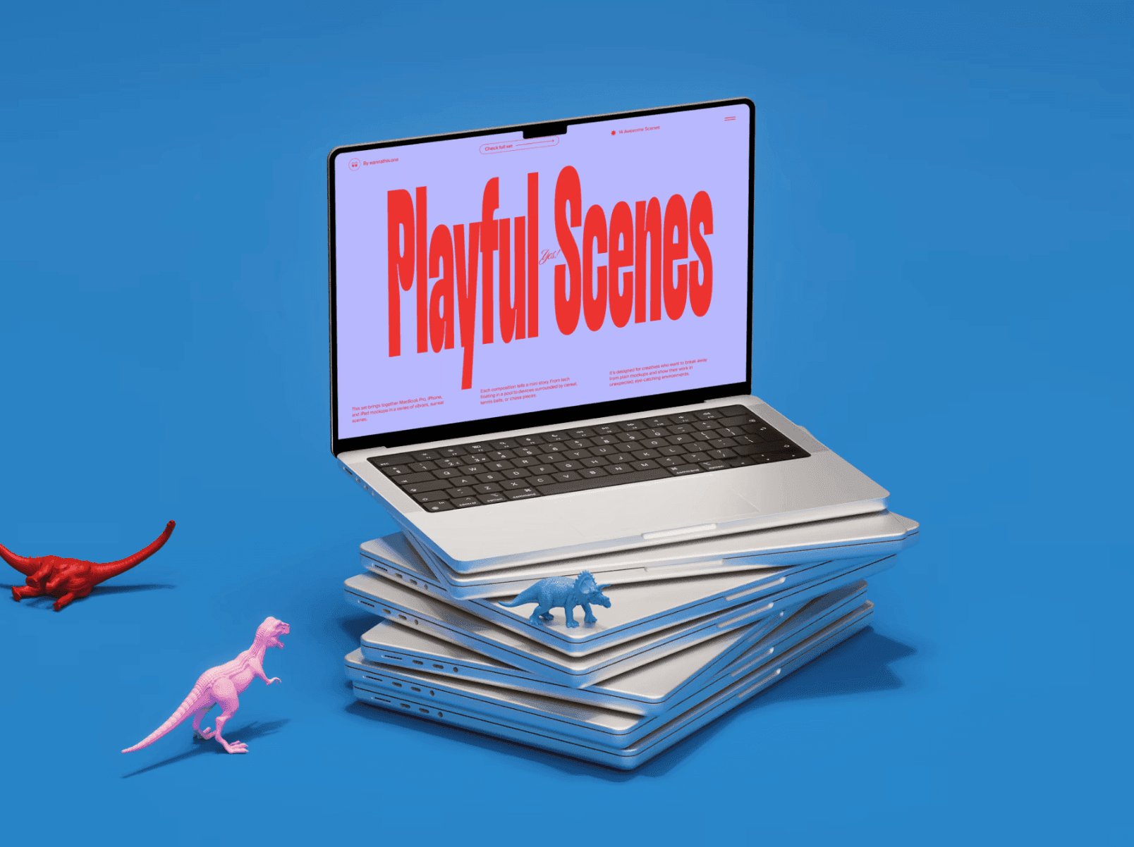MacBook mockup on stacked laptops with small toy dinosaurs on blue background — Playful Scenes mockup by Wannathis.