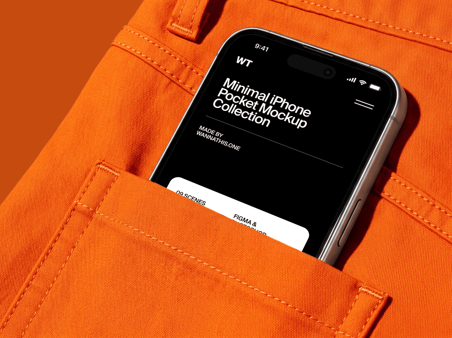 iPhone mockup placed inside a pants pocket with visible fabric texture in a close-up scene