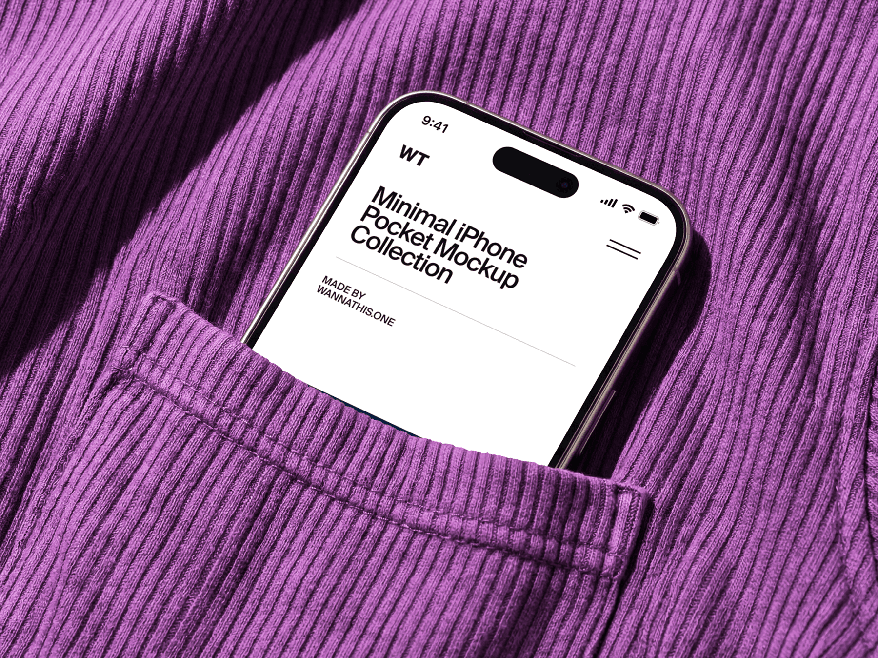 iPhone mockup partially visible inside a front pocket in a clean minimal setup