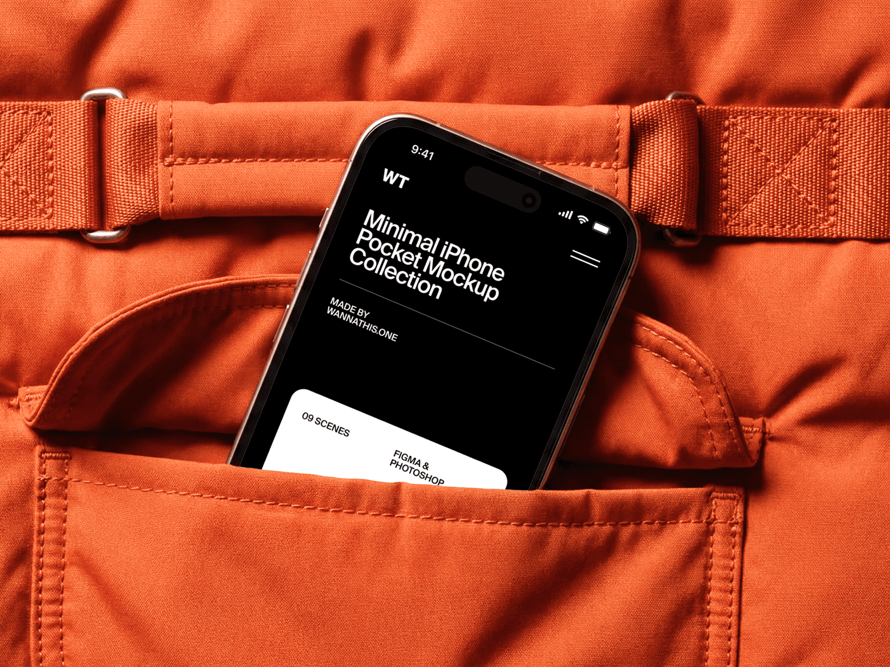 iPhone mockup inside a pocket with visible stitching and casual clothing details