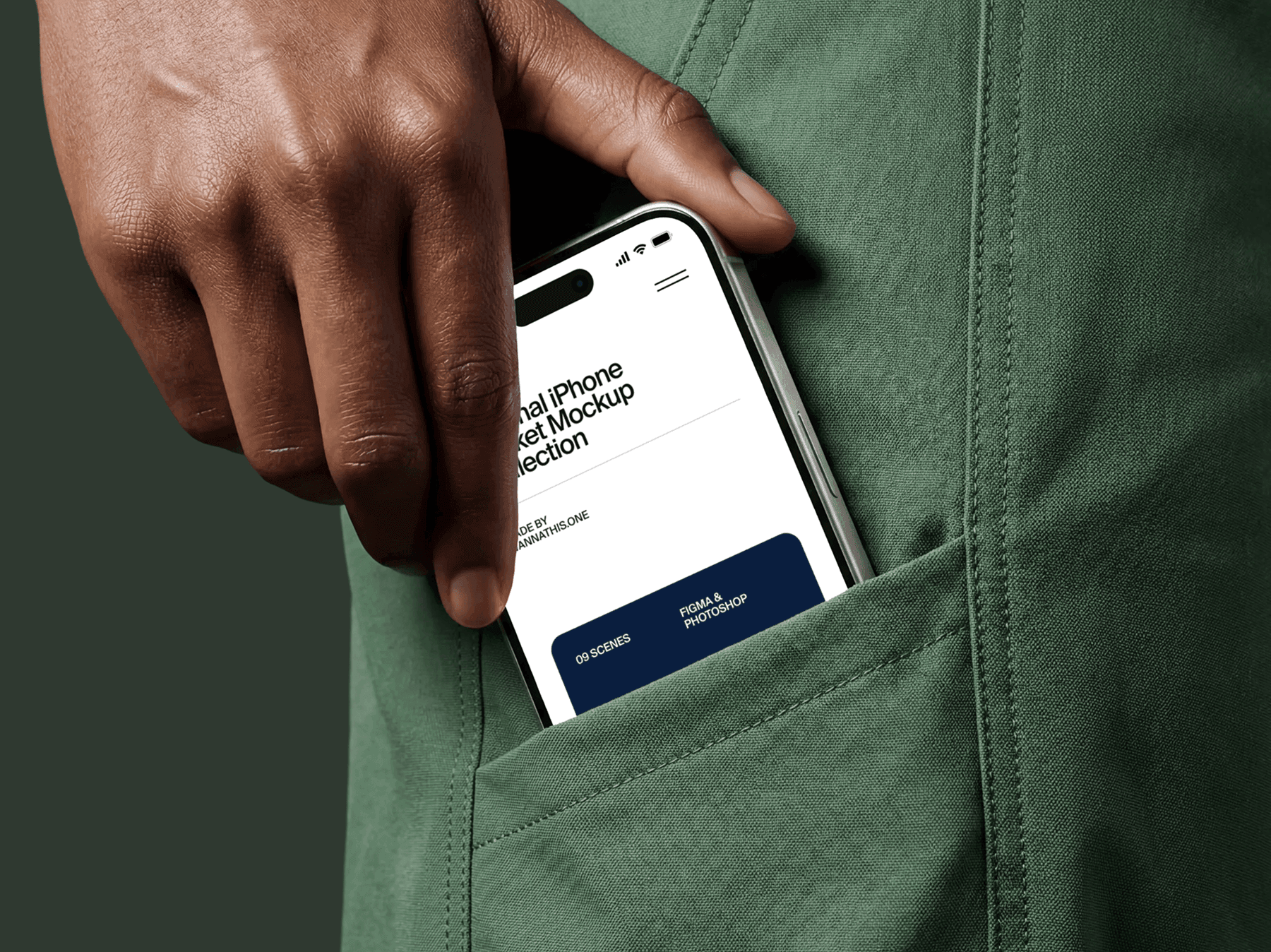 iPhone mockup inside a pocket with a hand reaching or holding the device in a lifestyle scene
