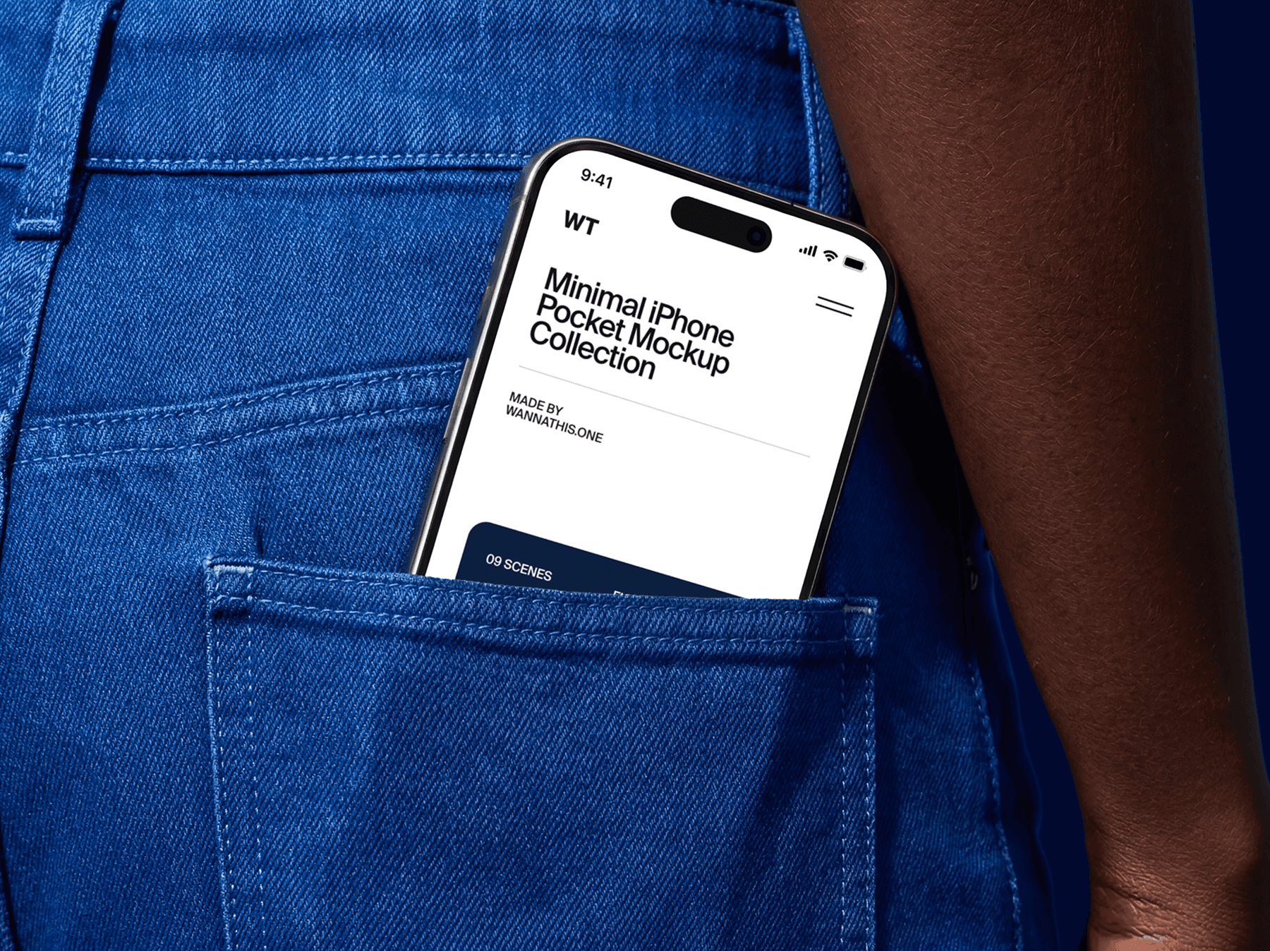 iPhone mockup placed inside a back pocket with visible stitching and fabric texture