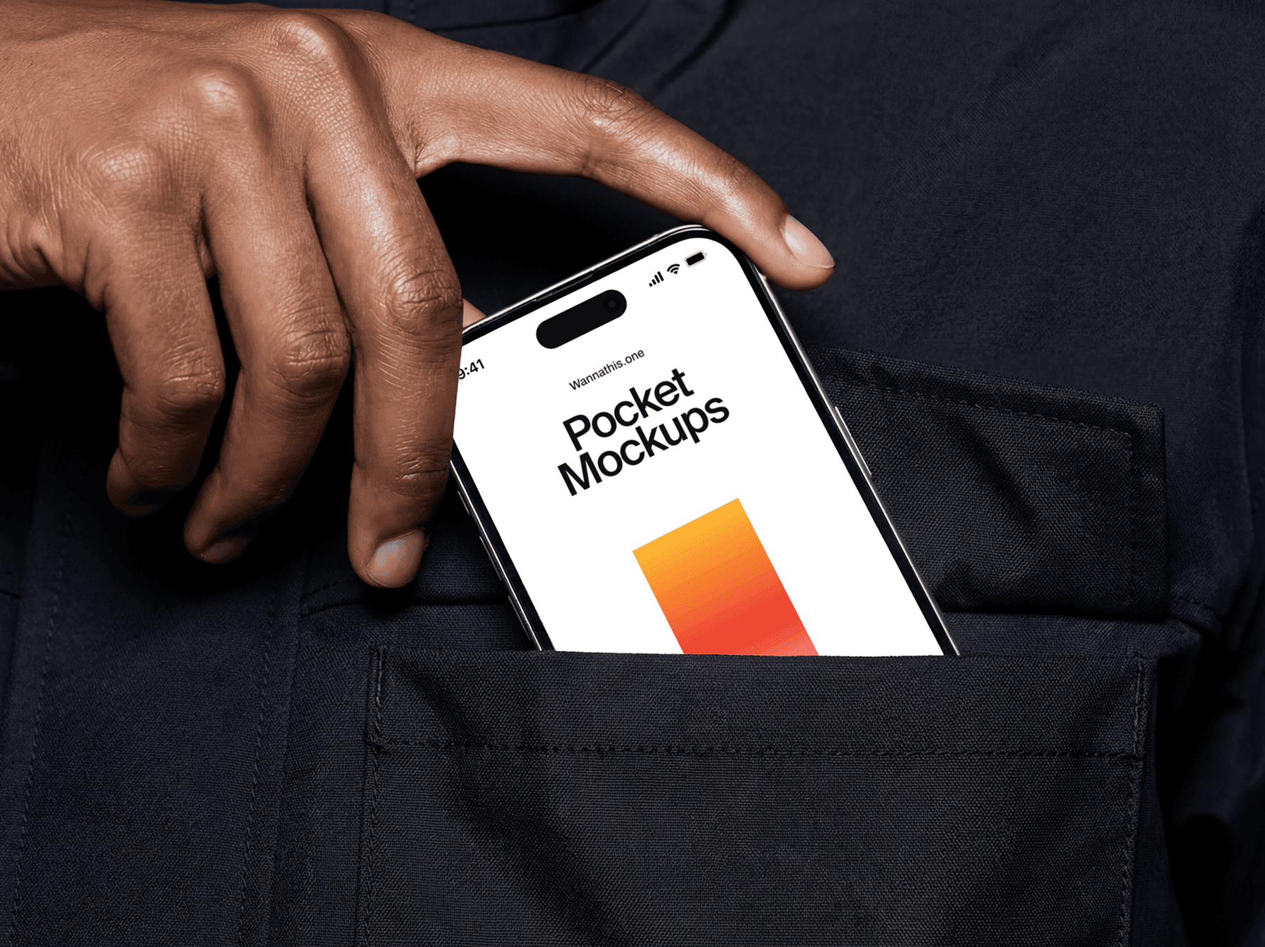 iPhone mockup inside a pocket with a hand holding or pulling the device in a natural scene
