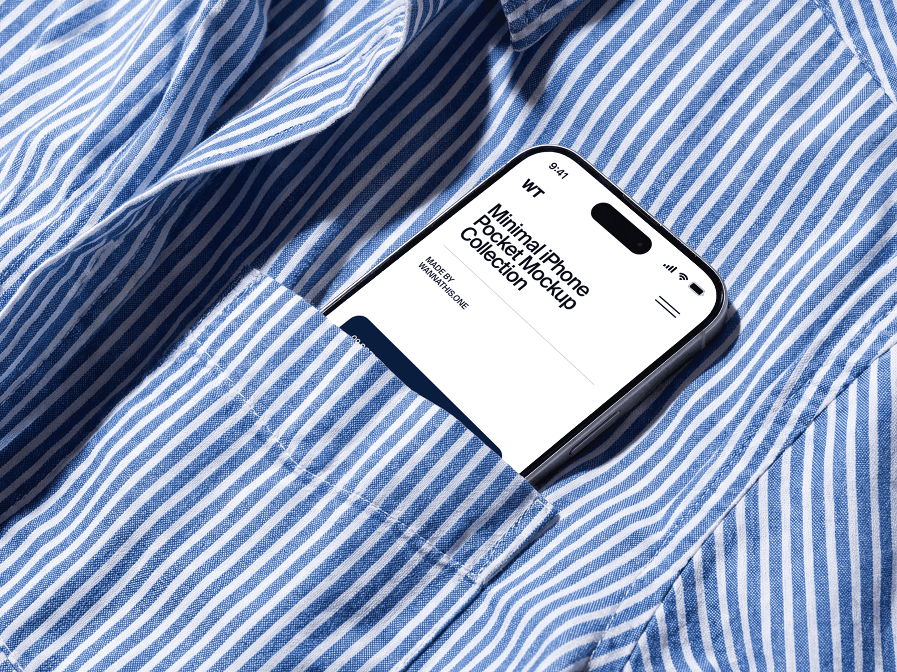 iPhone mockup partially visible inside a shirt pocket in a clean lifestyle setup