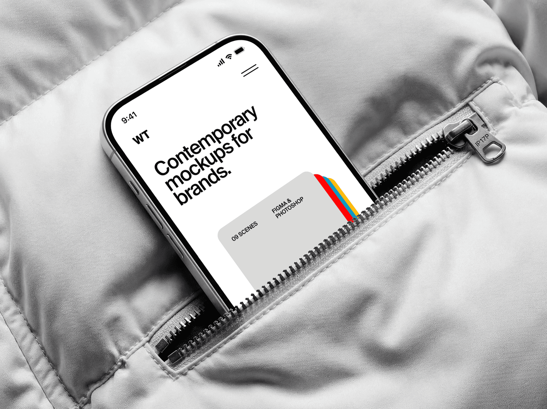 iPhone mockup placed inside a jacket pocket with visible zipper and fabric texture