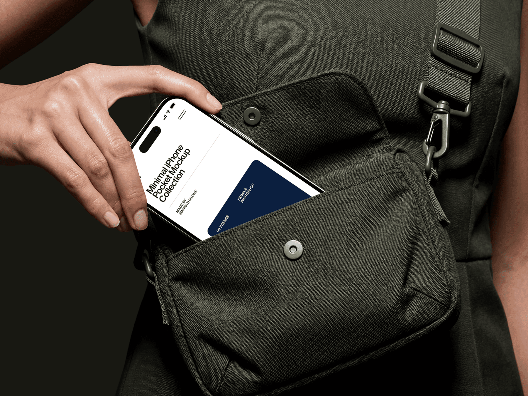 iPhone mockup placed inside a crossbody pocket with a hand holding the device in a lifestyle scene