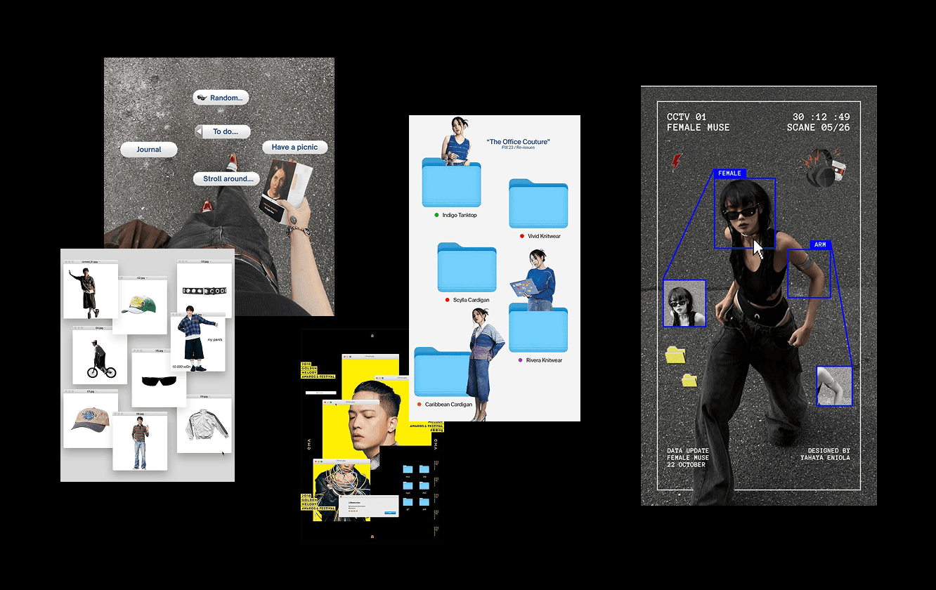 Post-digital graphic design blending glitch aesthetics, mixed media and experimental typography