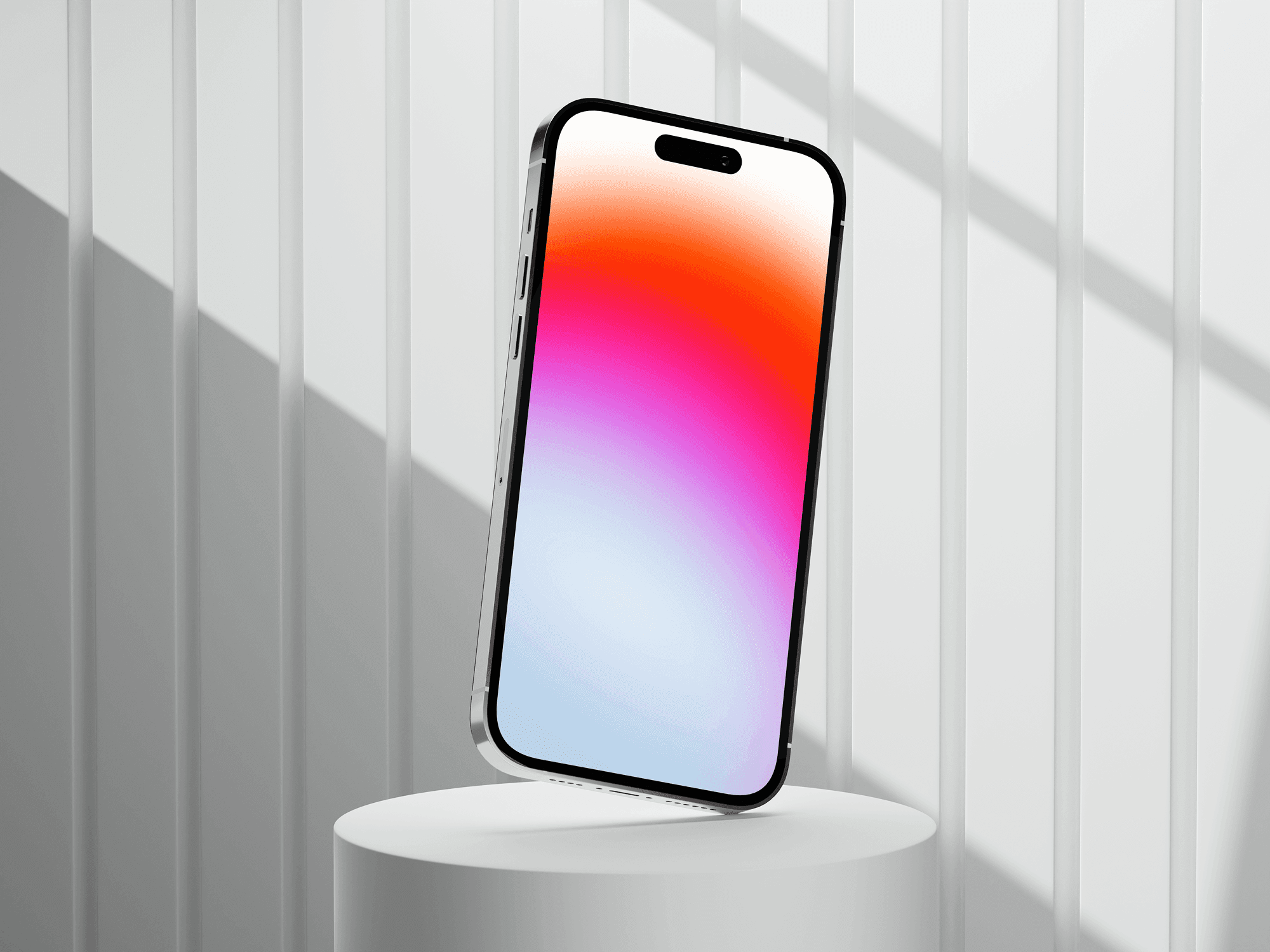 iPhone 14 Pro floating on a cylindrical pedestal against a vertical striped background.