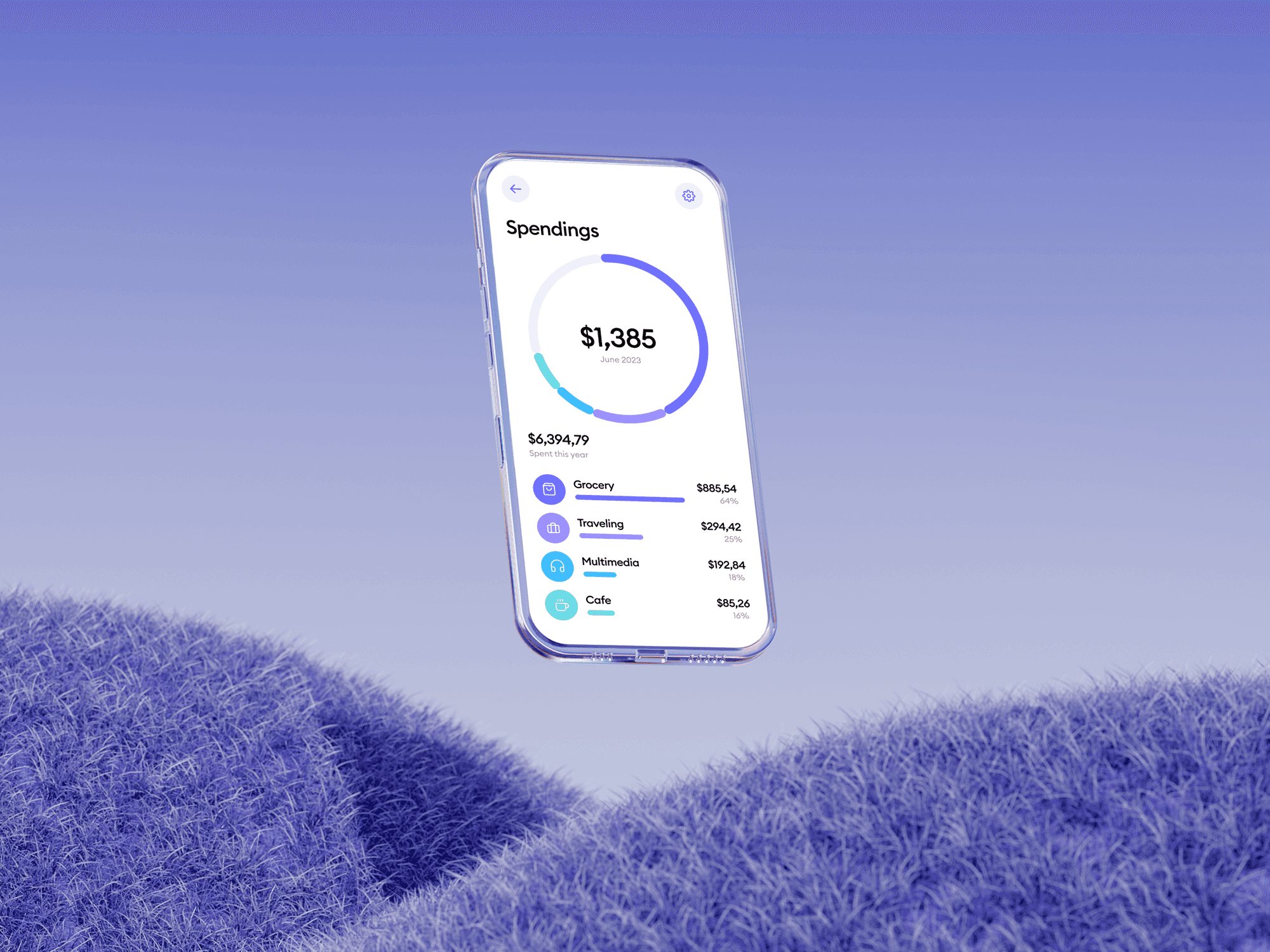 Floating glass phone mockup against a blue gradient background.