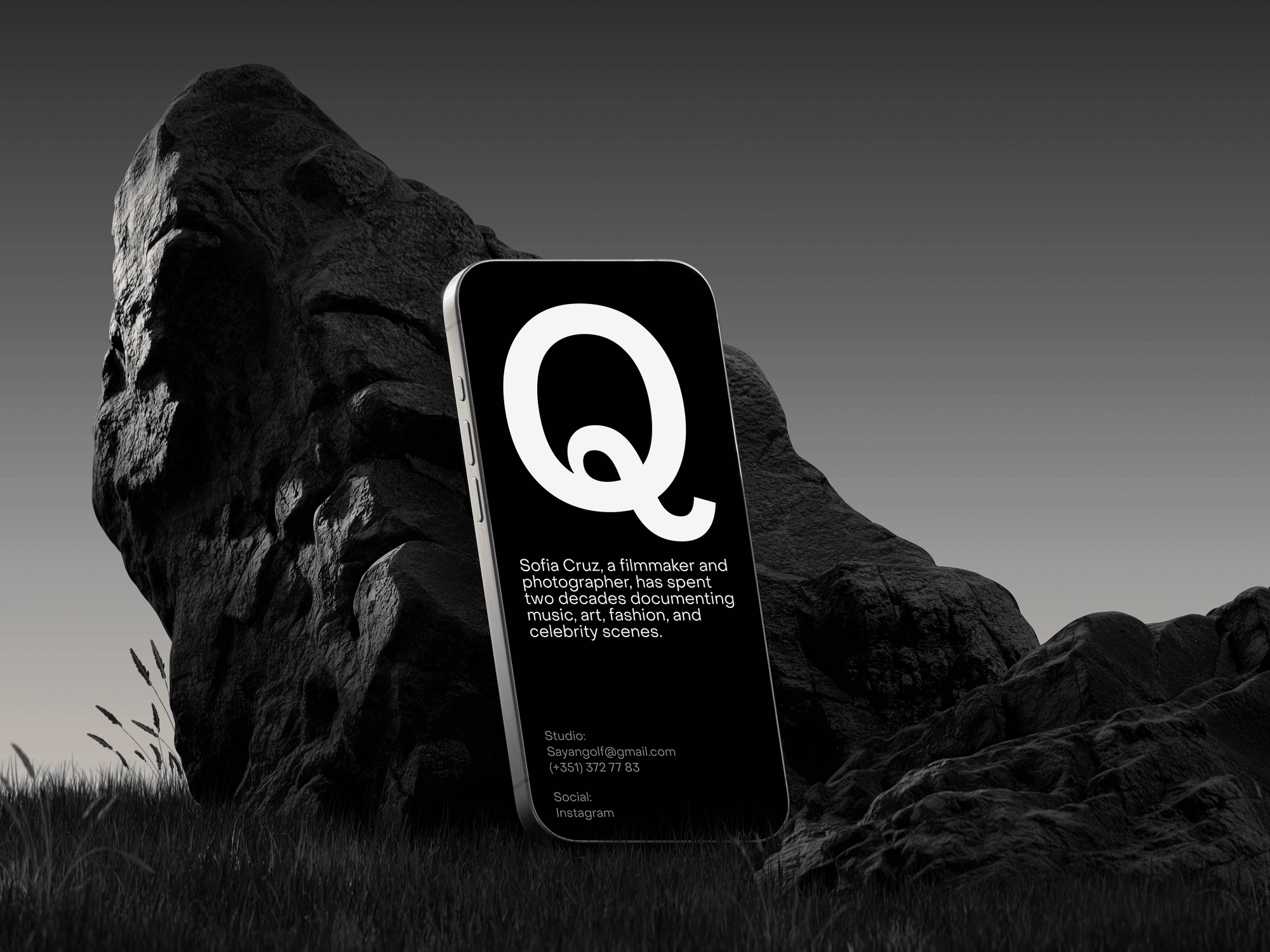 iPhone 15 Pro mockup in a dramatic landscape with dark rocky formations