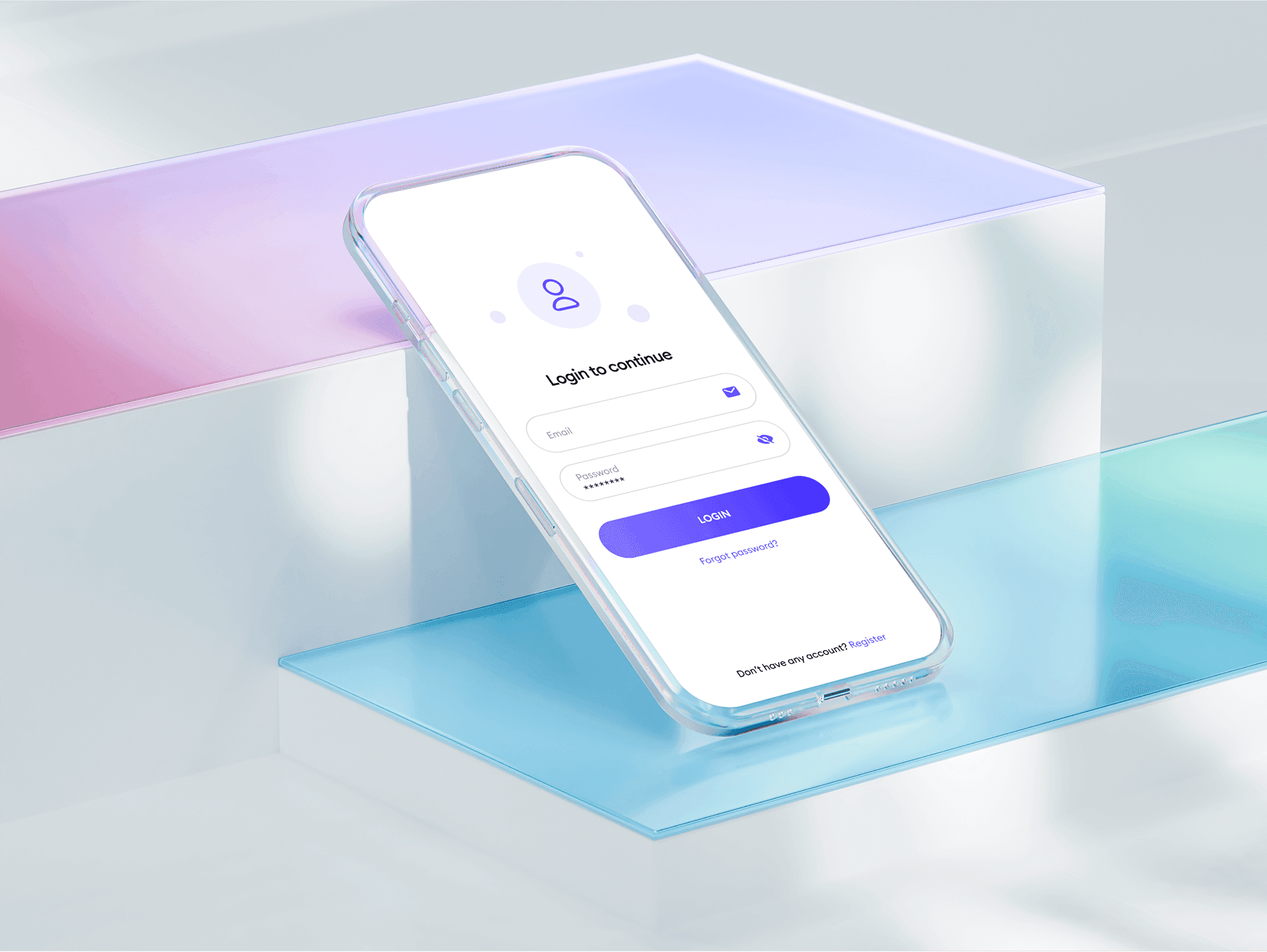 Glass phone mockup placed on colorful transparent panels.