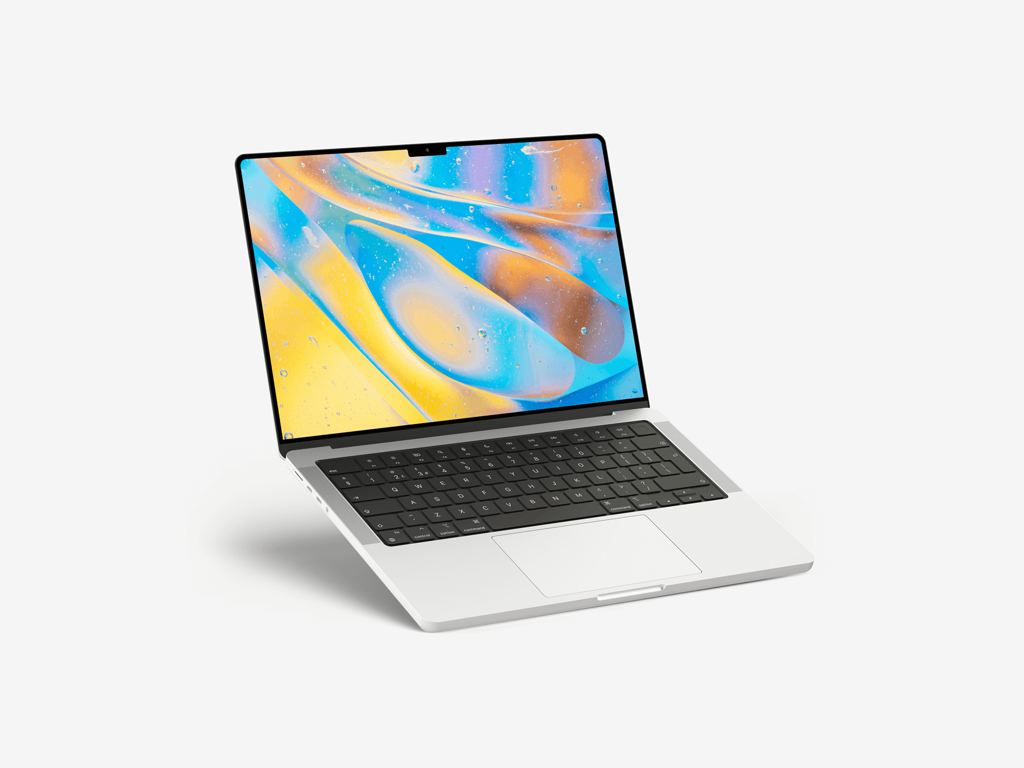A MacBook Pro placed on a flat surface, open at an angle, displaying an abstract vibrant wallpaper.