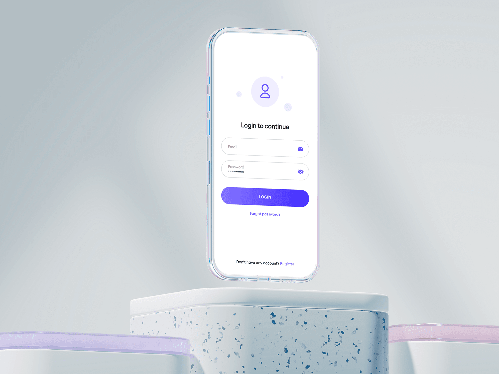 Floating glass phone mockup above a terrazzo platform.