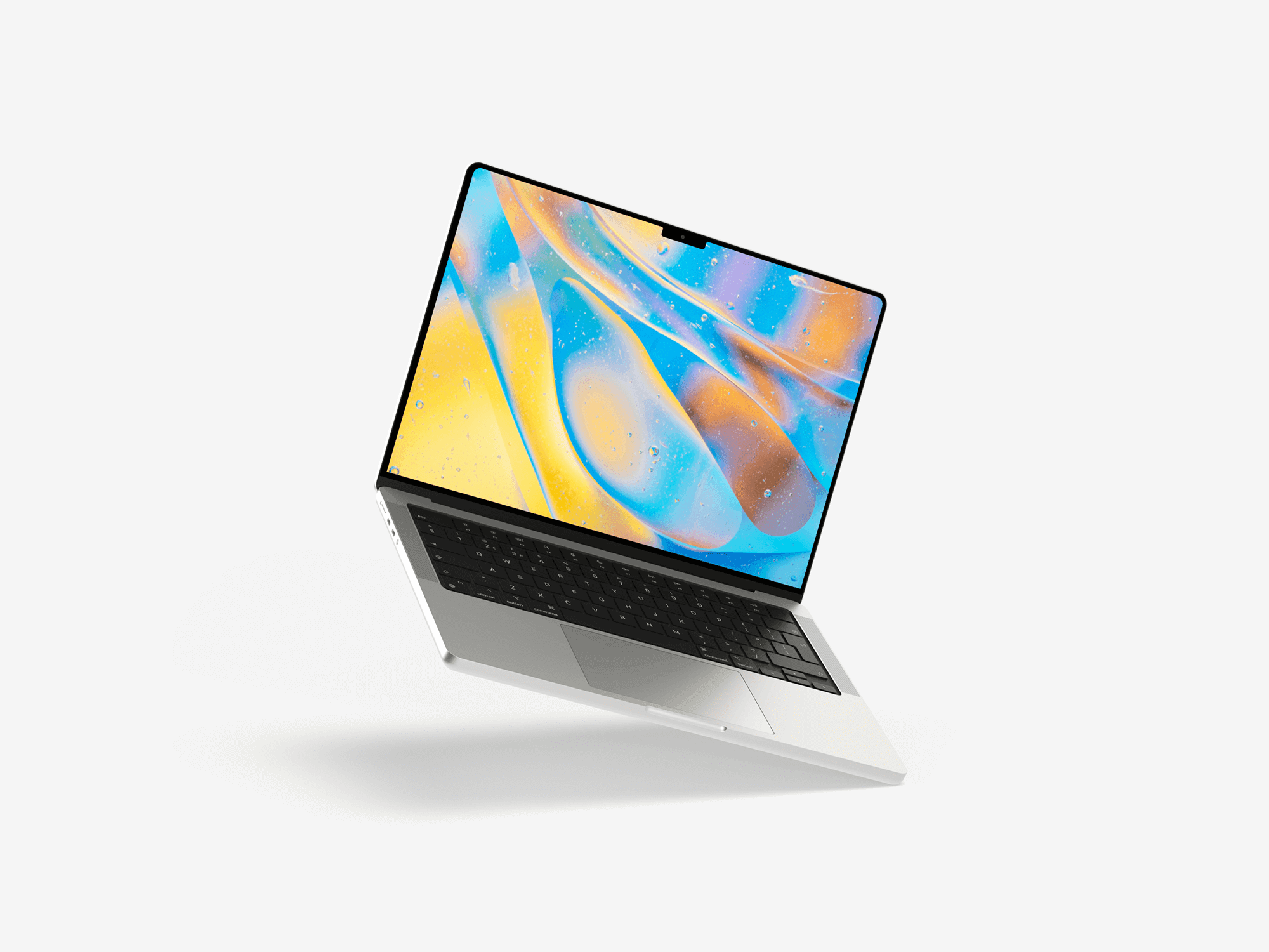 A straight-on view of a MacBook Pro with a colorful screen on a white background.