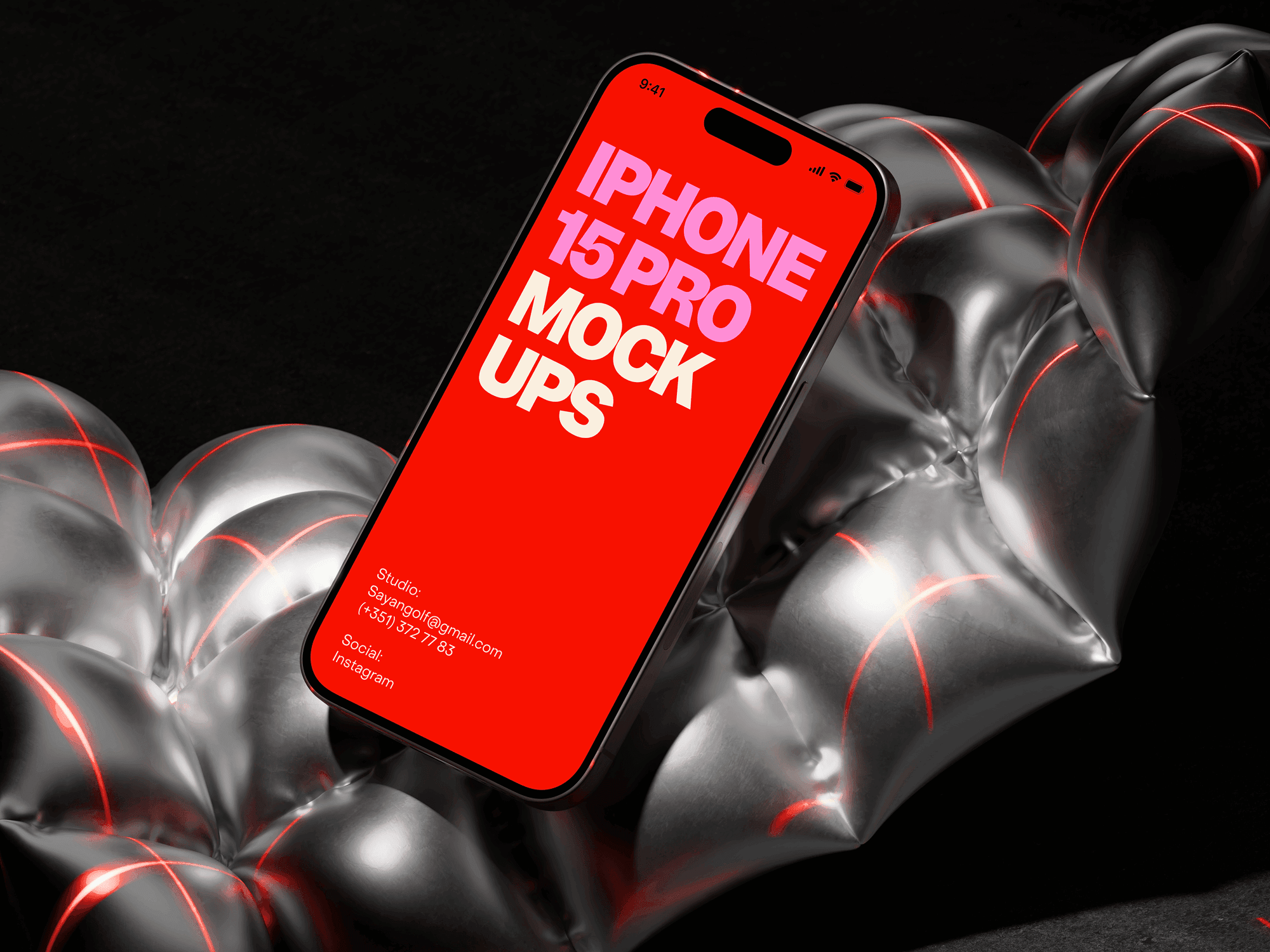 iPhone 15 Pro mockup resting on a reflective silver inflated surface with red neon highlights