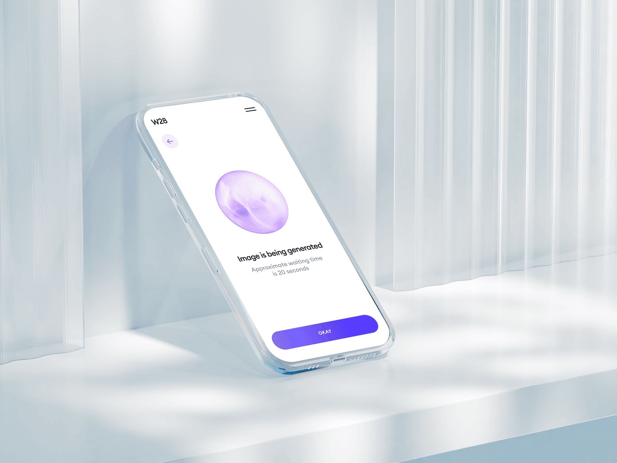 Glass phone mockup leaning against a translucent surface.