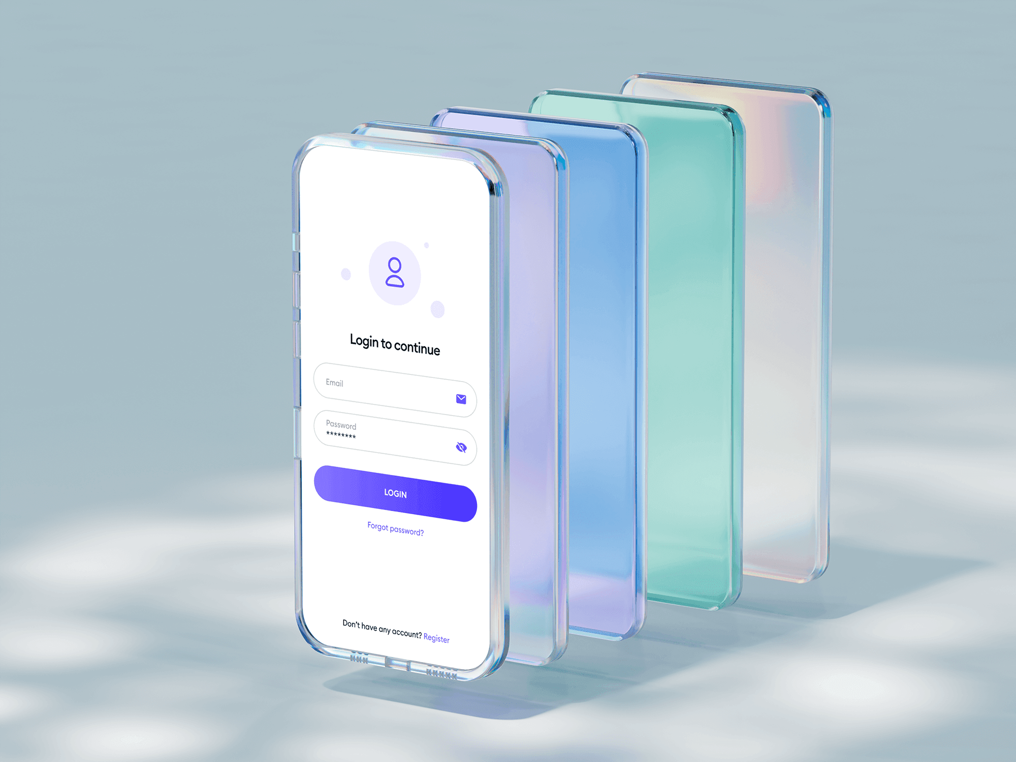 Multiple layered glass phone mockups in a futuristic arrangement.