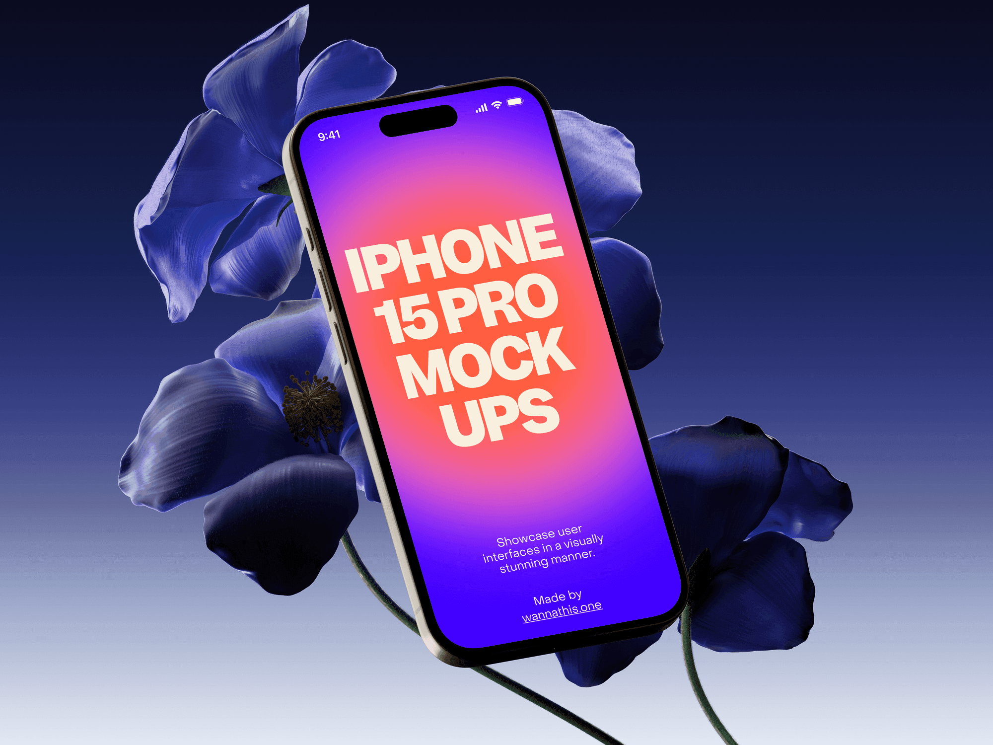 iPhone 15 Pro mockup standing against a transparent glass wall with soft shadows