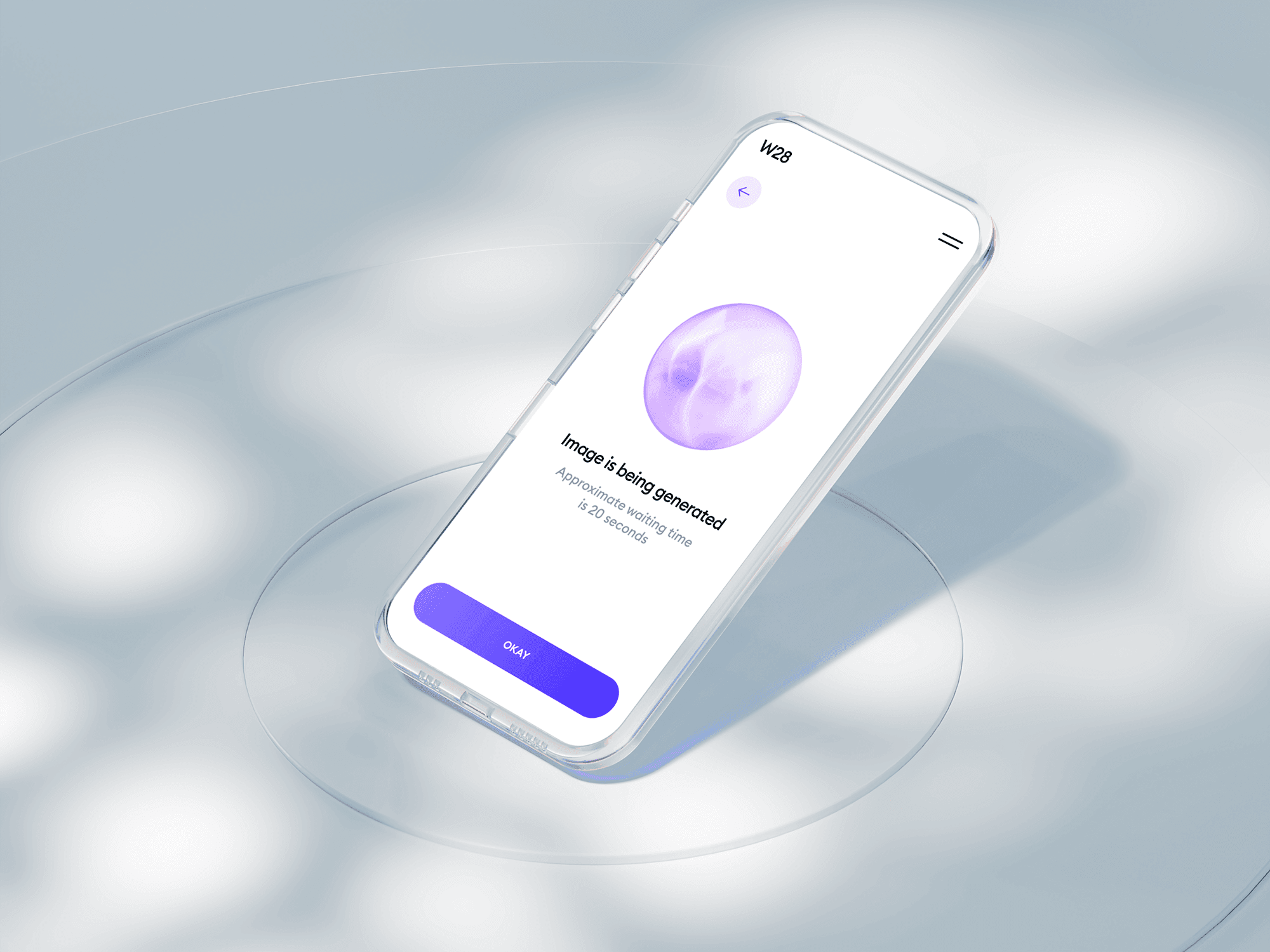 Glass phone mockup placed on a circular transparent surface.