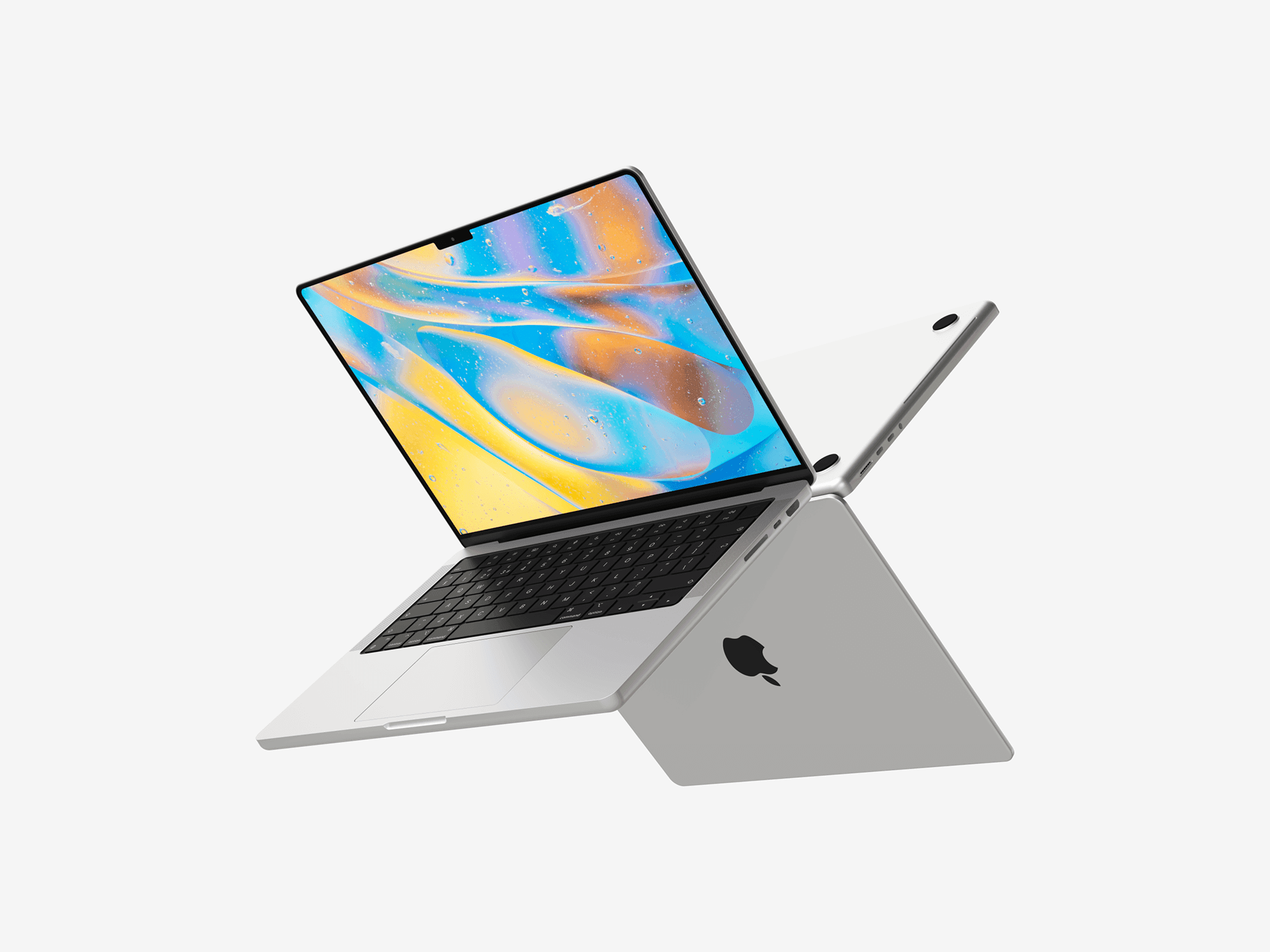 A MacBook Pro floating and rotating slightly, showing both the keyboard and display.