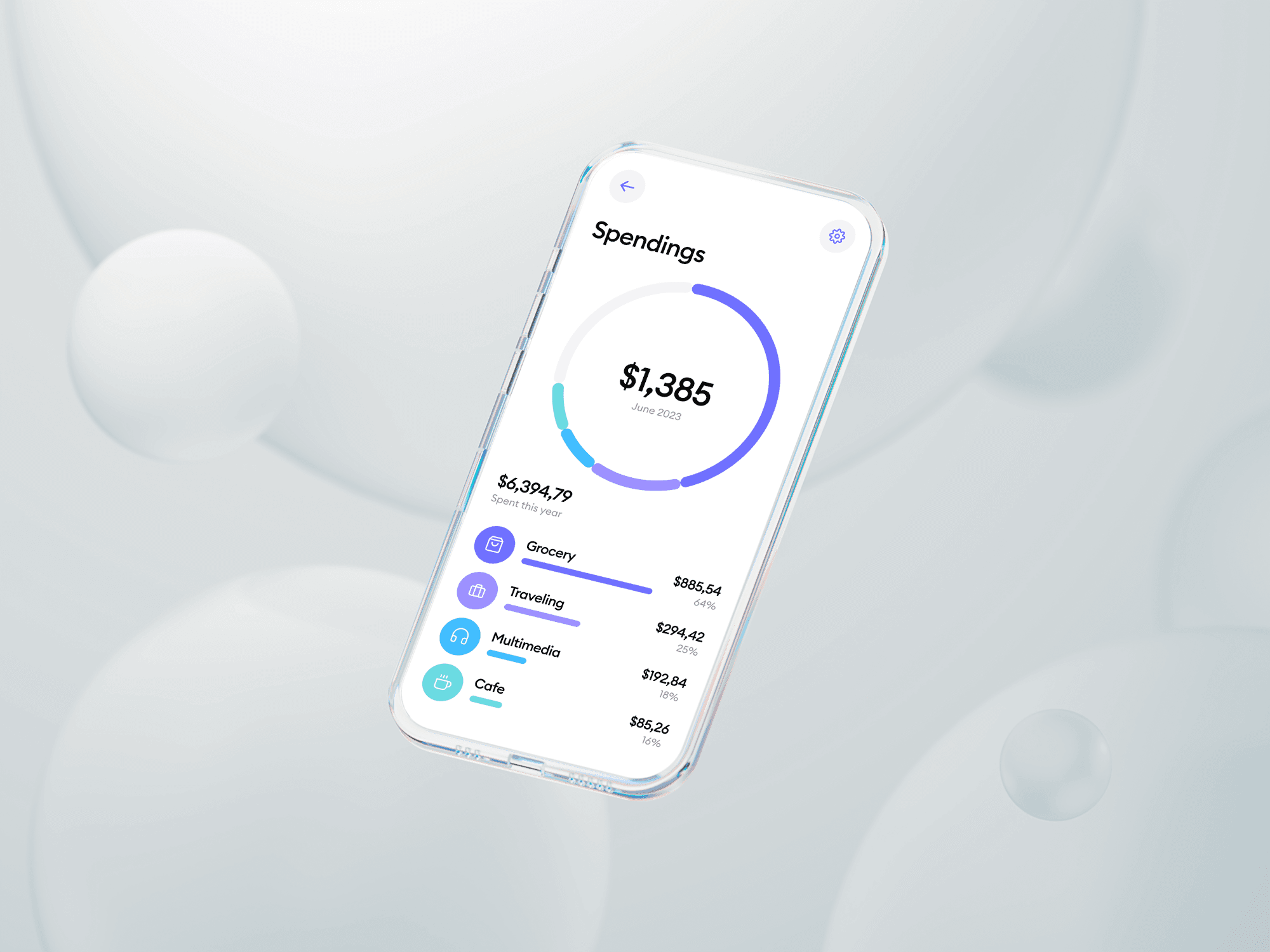 Floating glass phone mockup with a minimal background.