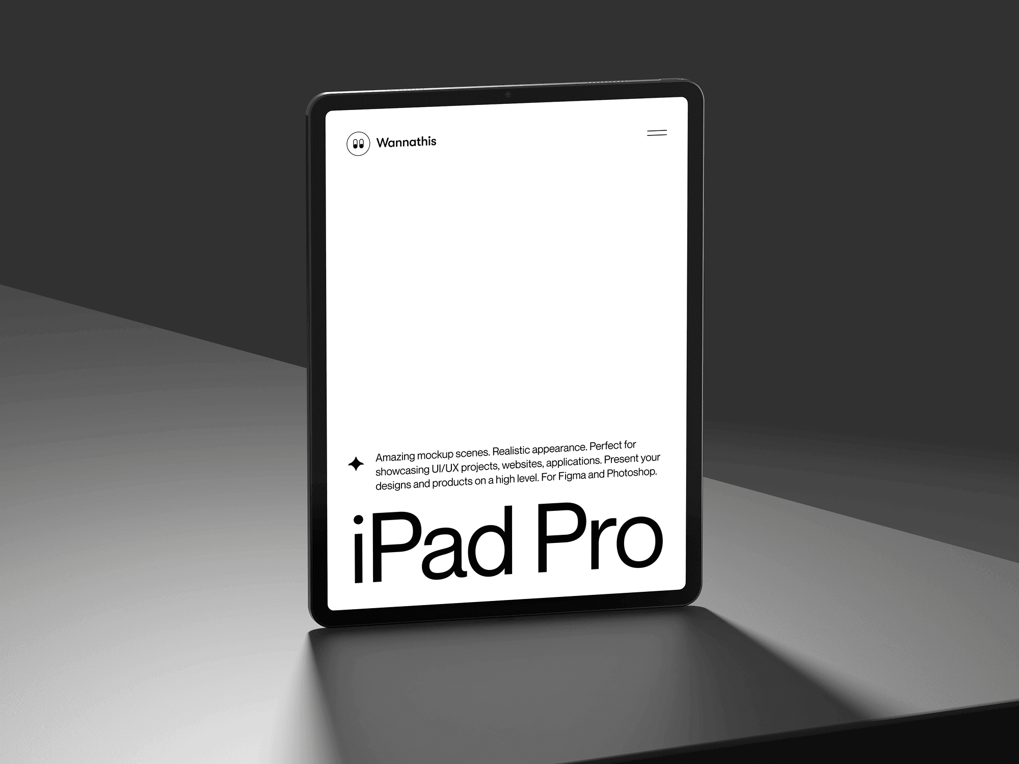 iPad Pro mockup with a minimalistic UI on a dark background.