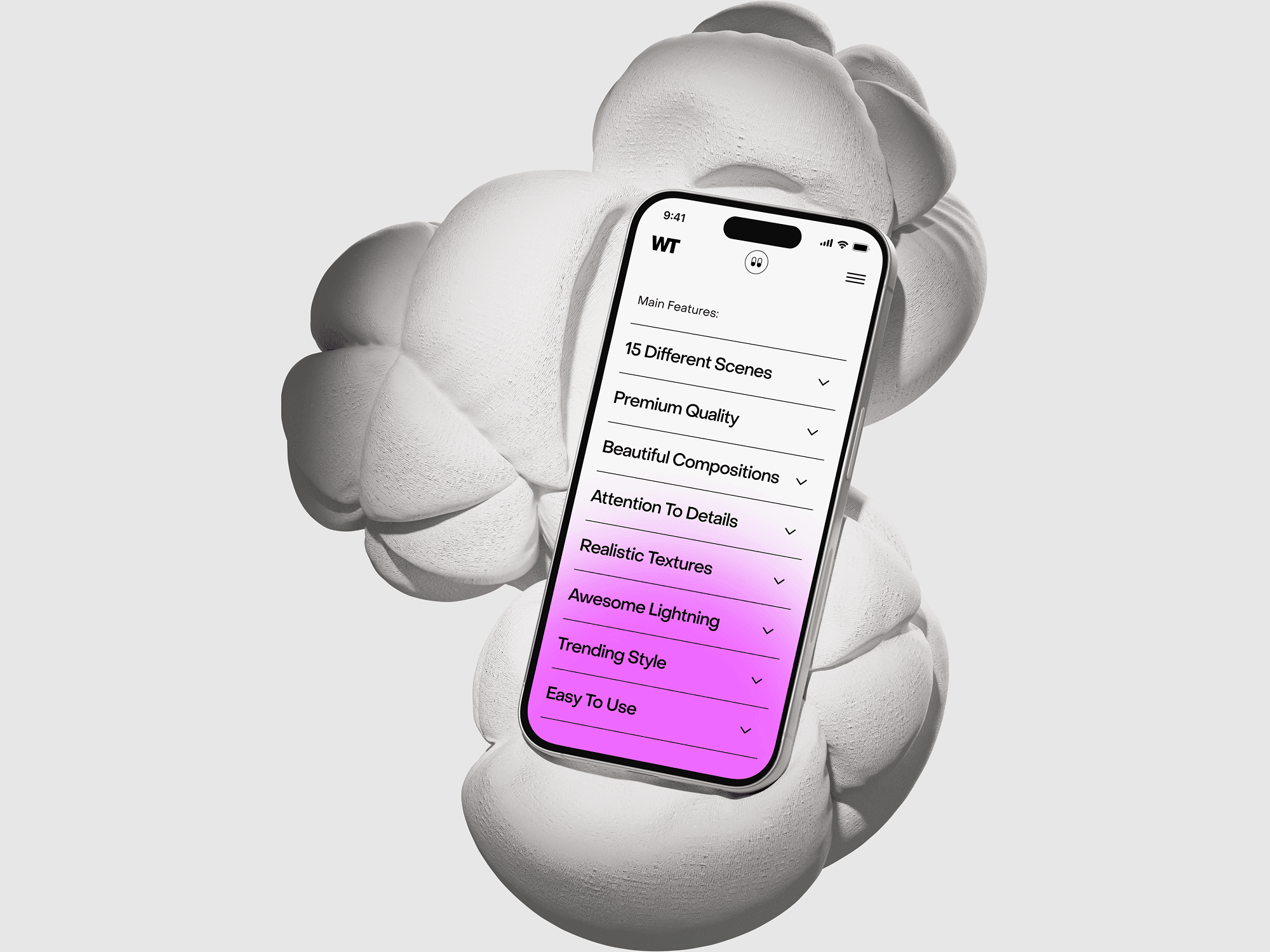Floating iPhone 15 Pro with feature list UI on a white abstract sculpture