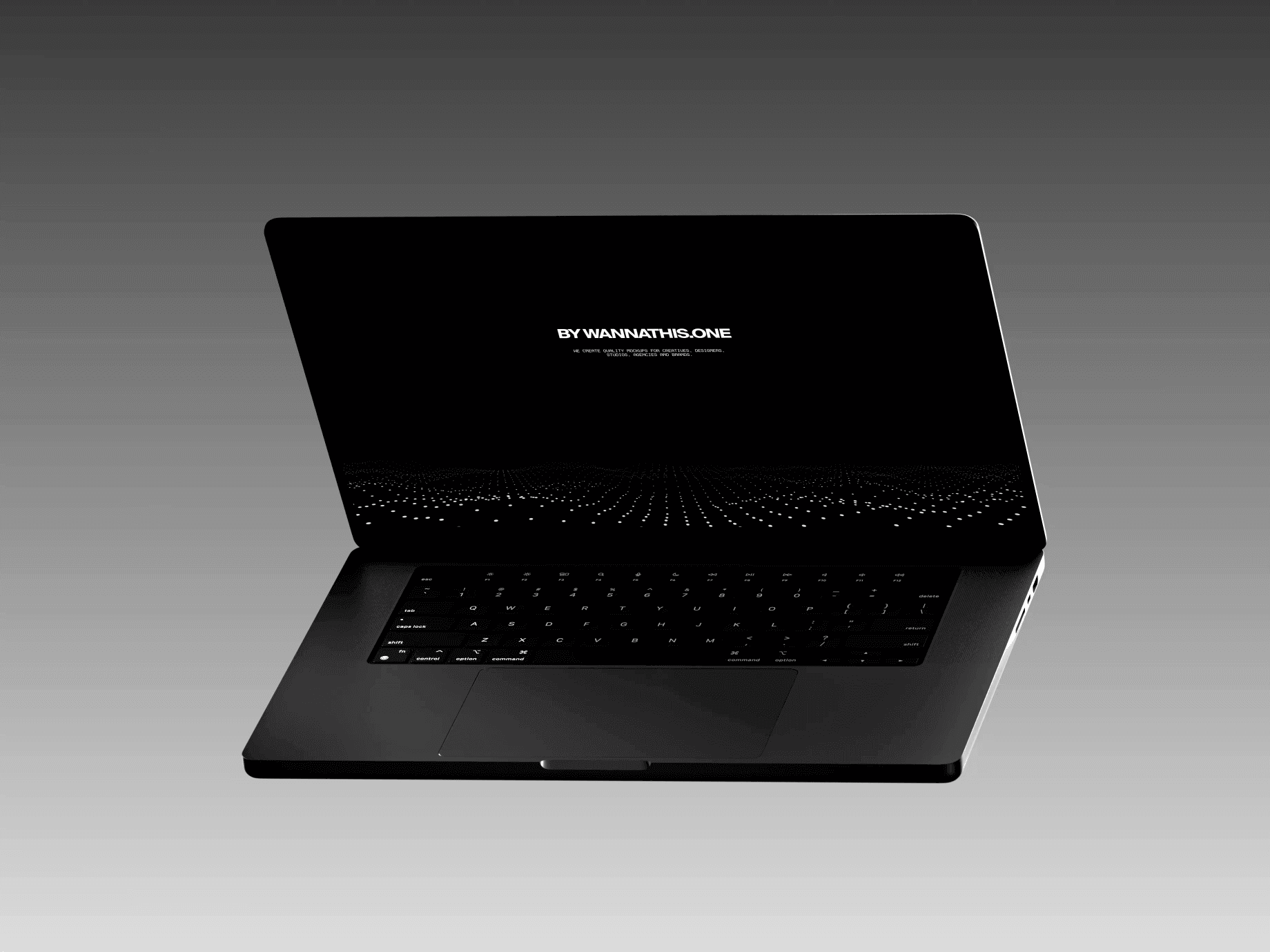Animated dark MacBook mockup floating mid air in a minimal dark studio environment scene