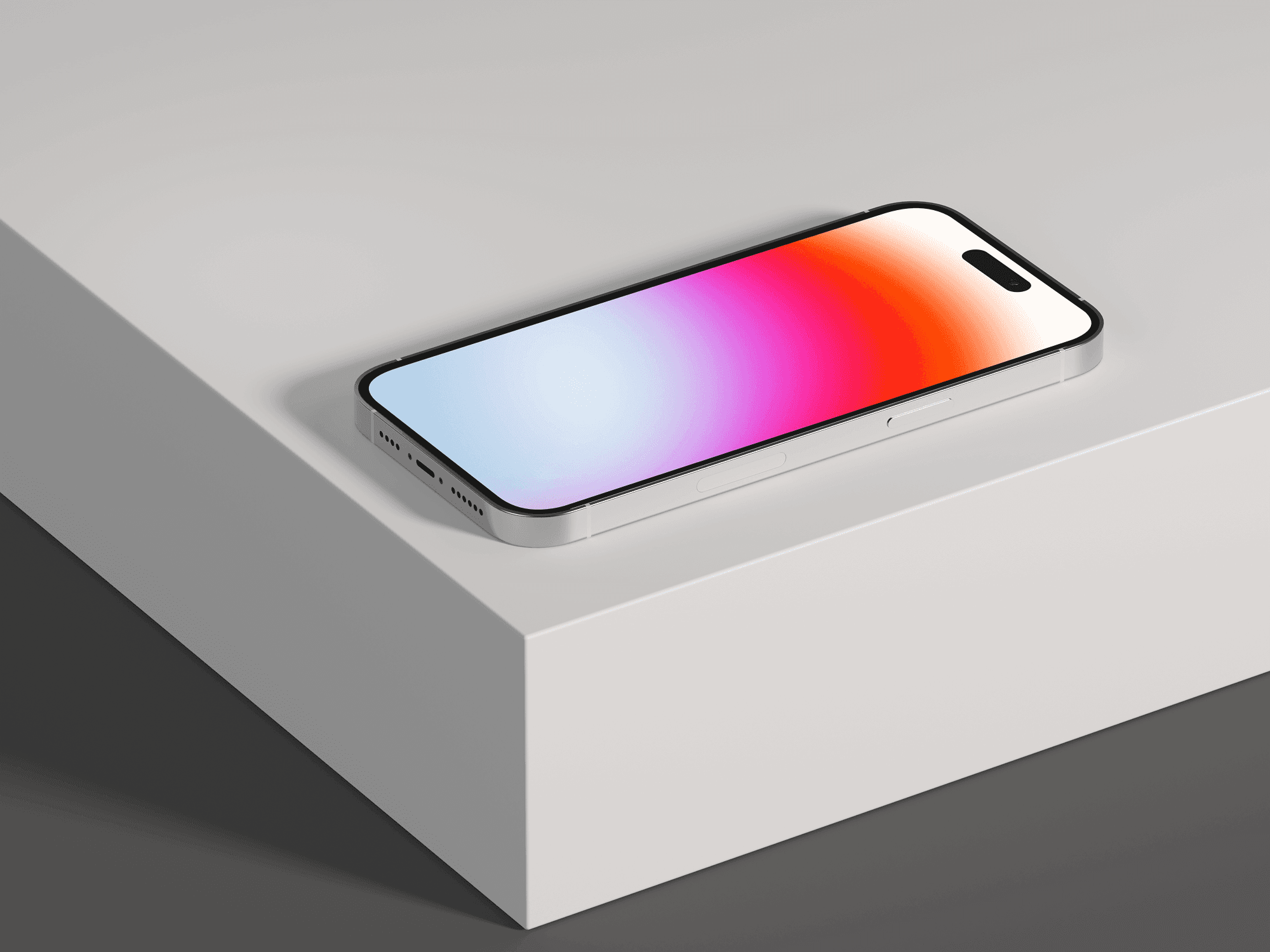 iPhone 14 Pro placed on a minimalistic white surface with soft shadows.