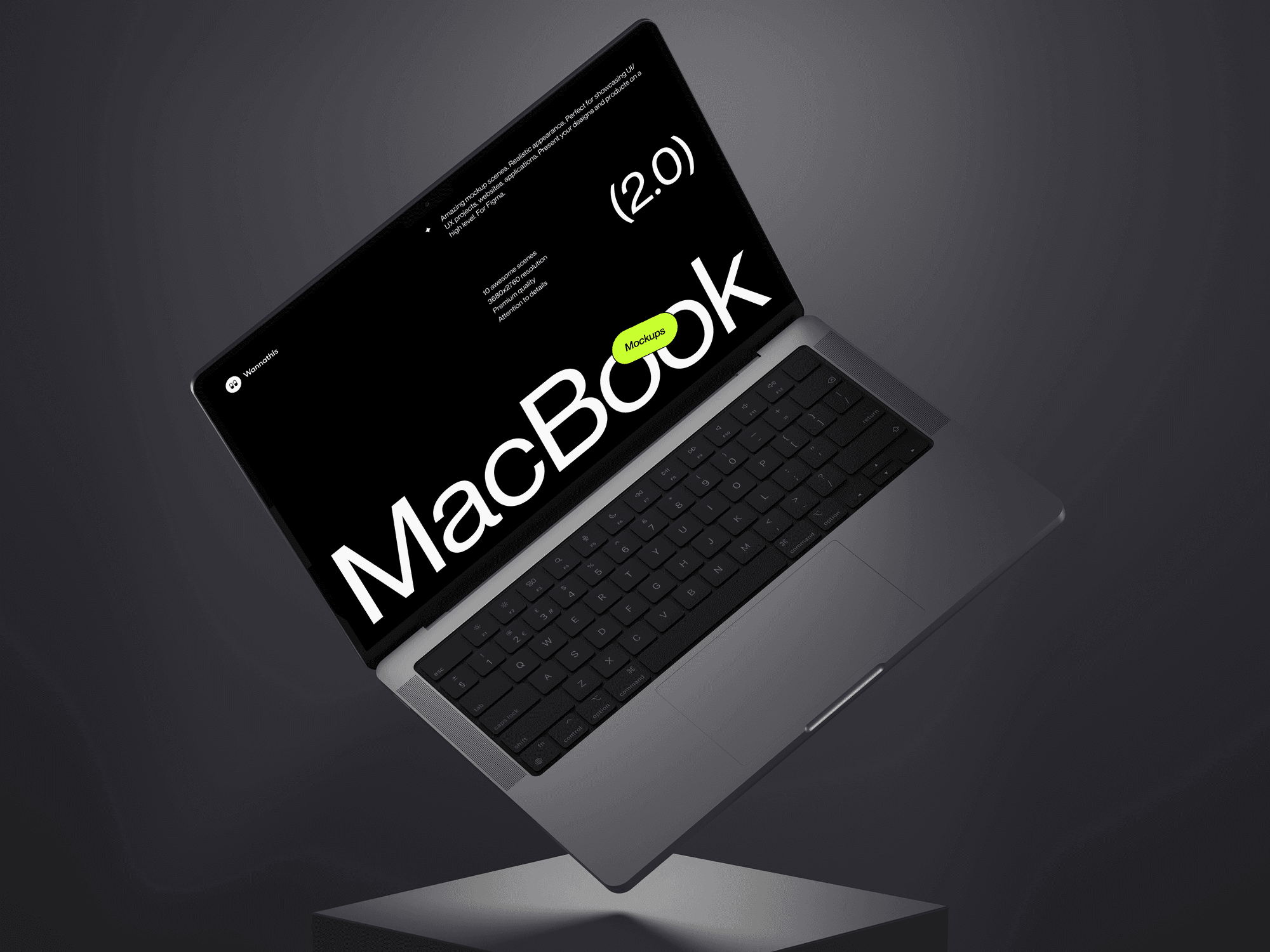 A floating MacBook Pro mockup in a dark scene.