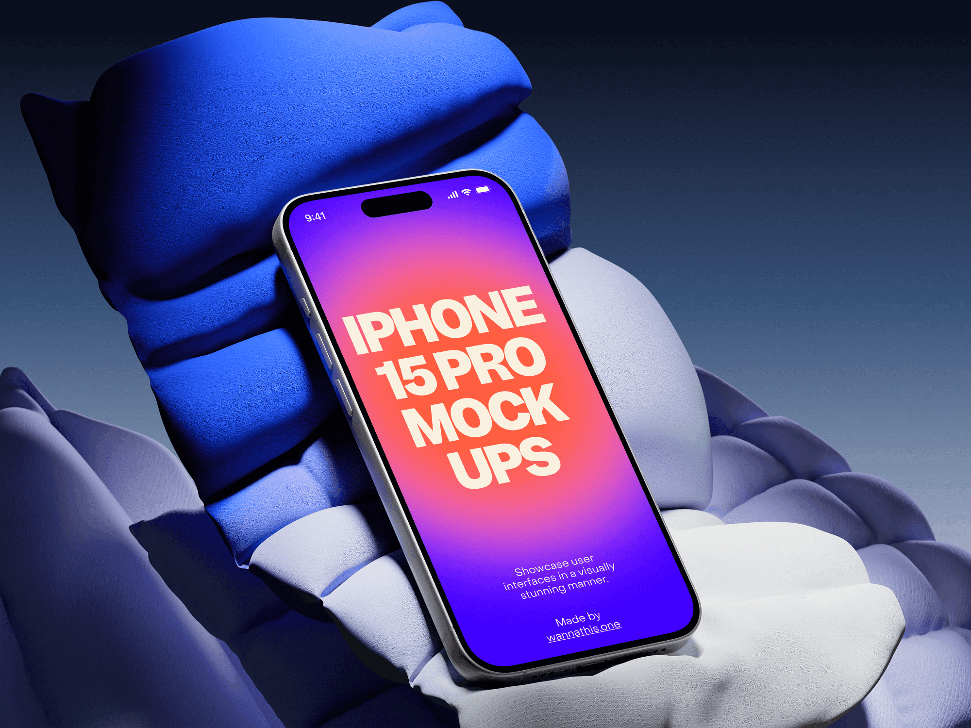 iPhone 15 Pro mockup on blue and white sculptural cushions with a vibrant screen