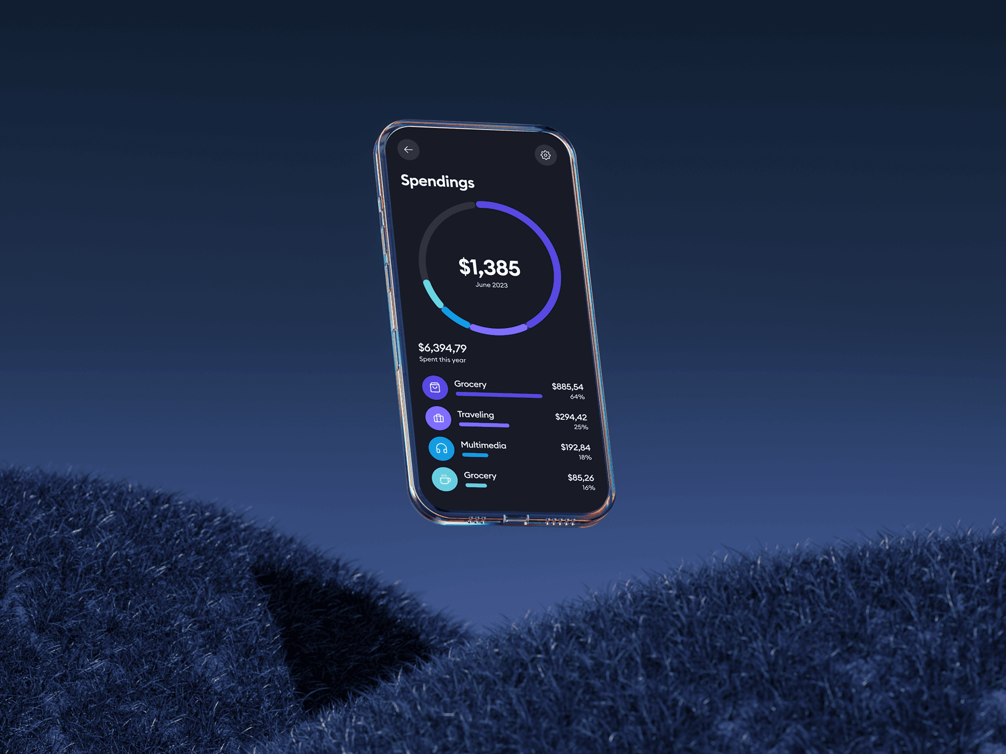 Floating glass phone mockup against a dark blue background.