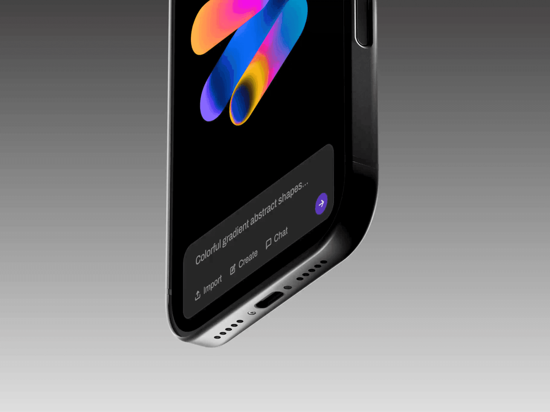 Animated dark iPhone mockup displayed in a centered front facing view in a minimal dark studio scene