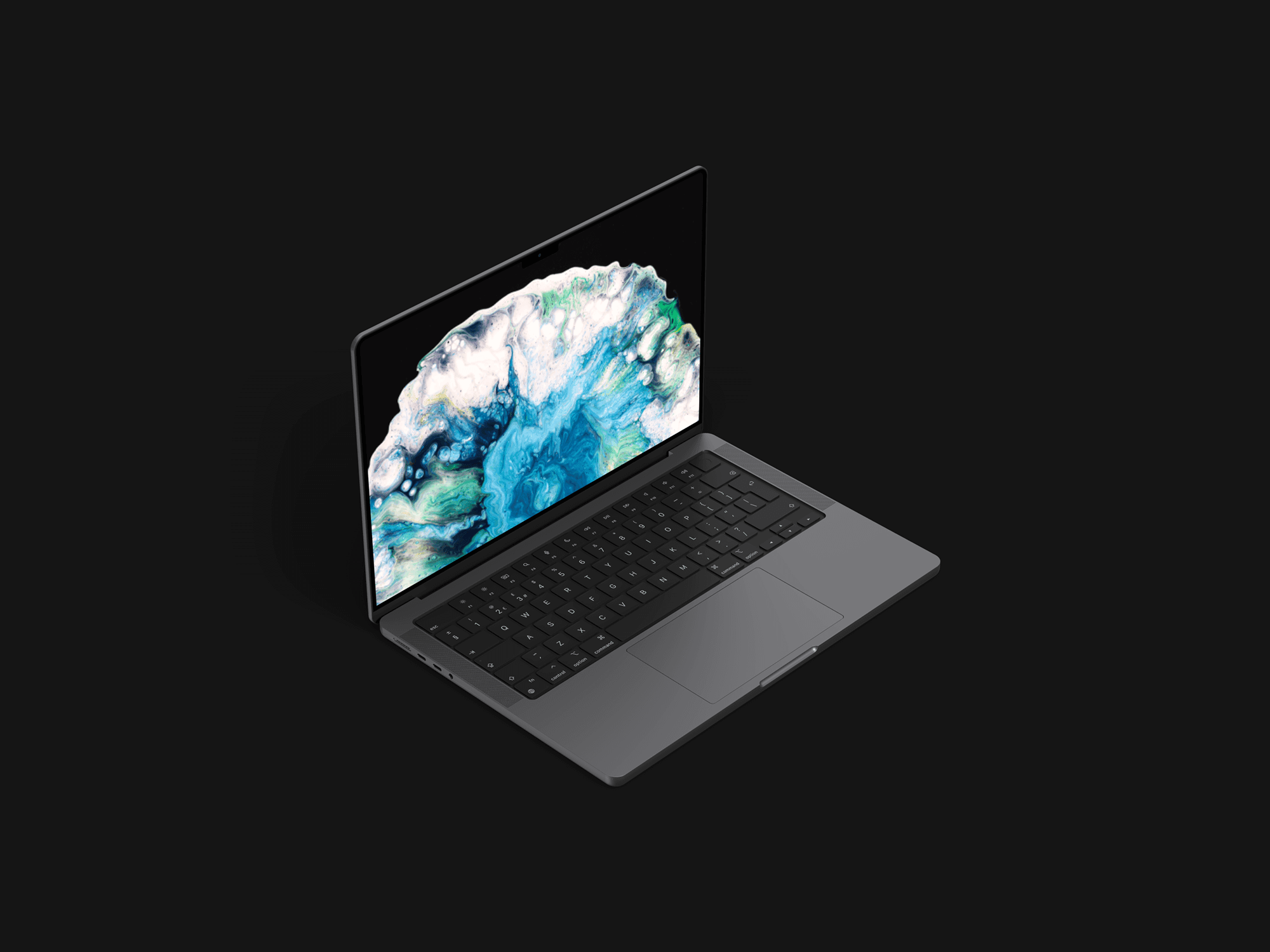 Perspective view of MacBook Pro with dark aesthetic