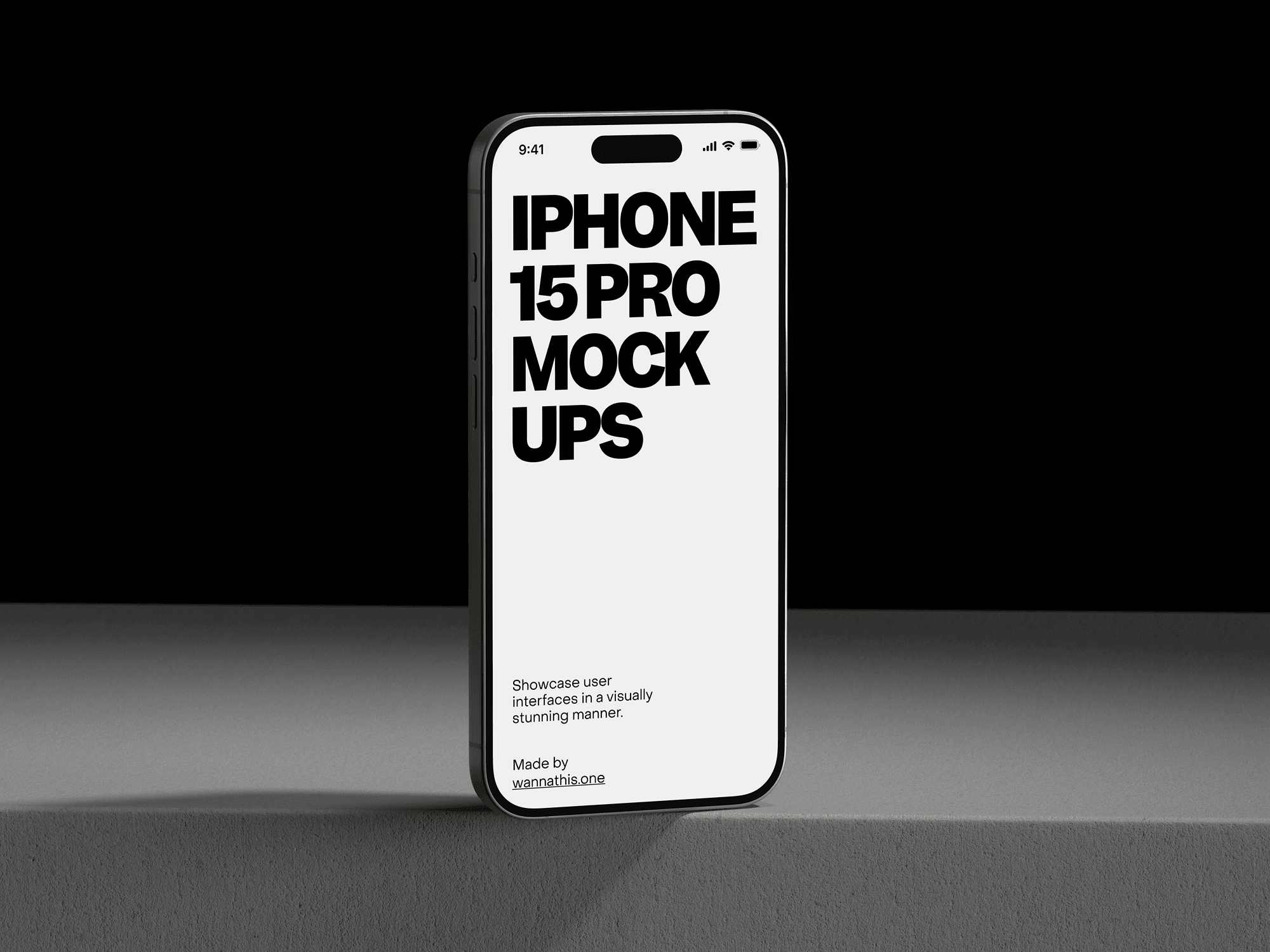 iPhone 15 Pro standing on a dark grey platform with a white screen UI