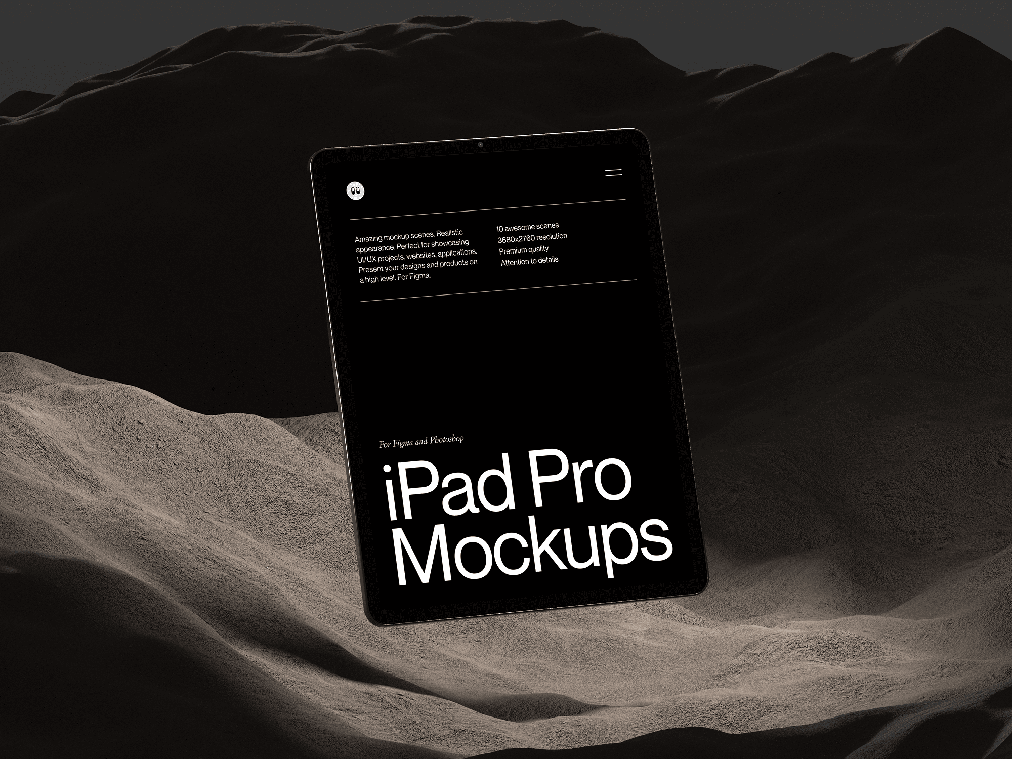 iPad Pro mockup standing on a textured sand-like surface in dim lighting.