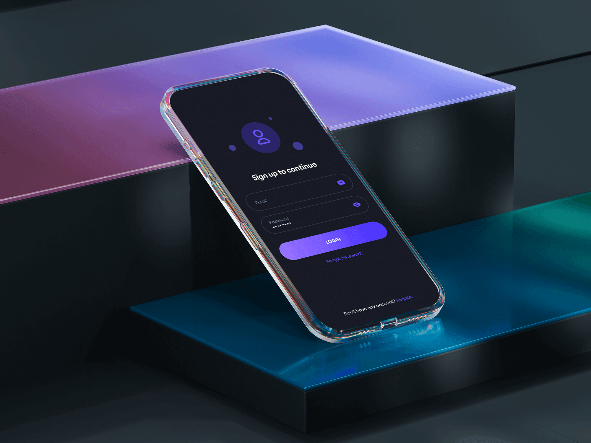 Glass phone mockup placed on a gradient neon platform.