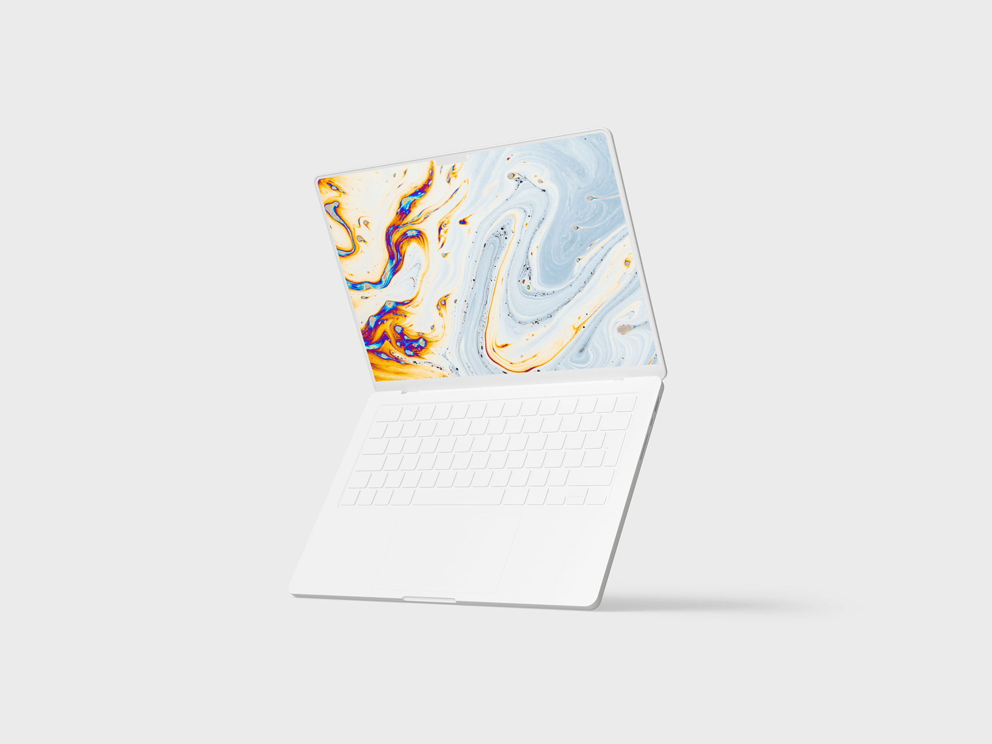 White MacBook Pro with an abstract display, open at a slight tilt.