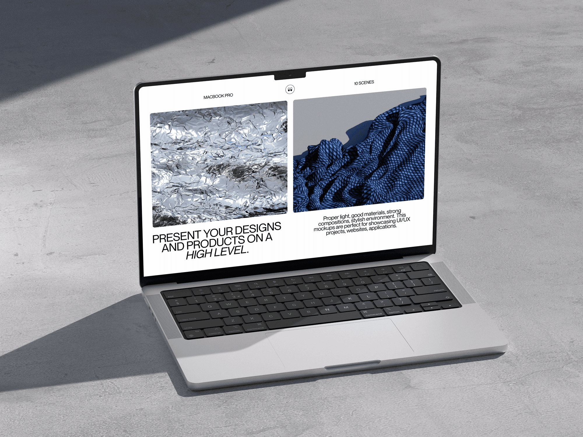 A MacBook Pro mockup placed on a concrete floor with natural light.