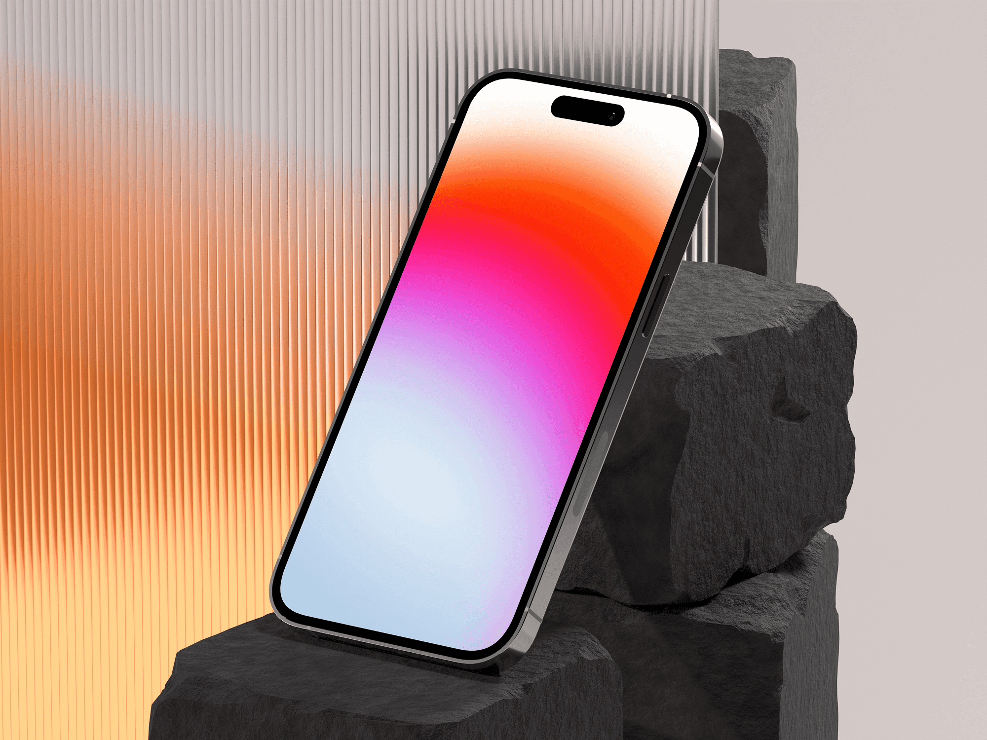 iPhone 14 Pro standing against textured black rocks with a modern backdrop.